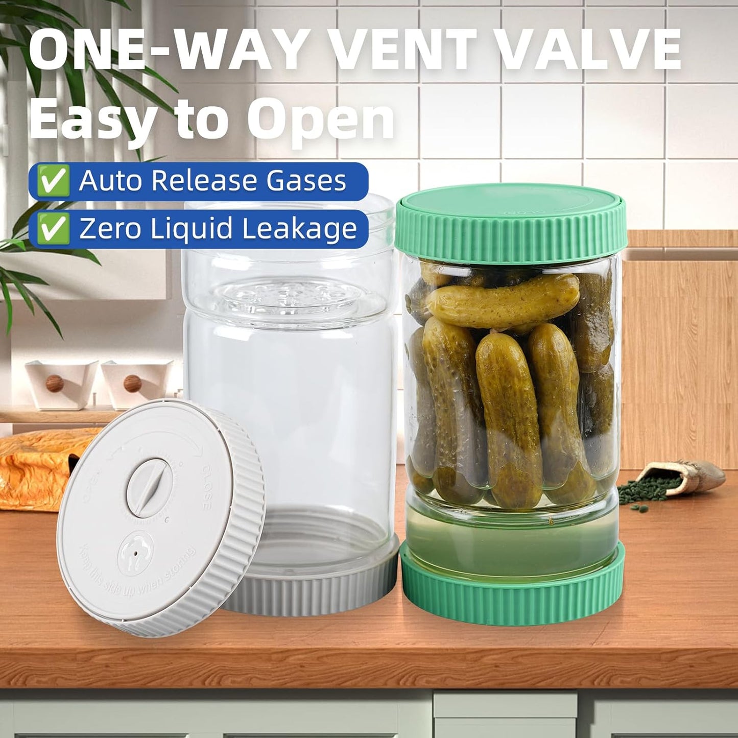 Glass Pickle Jar with Strainer Flip, 40oz Hourglass Airtight Container, Easy Open Refrigerator Storage Pickles Juice Separator for Olive Jalapeno Gherkin, Green