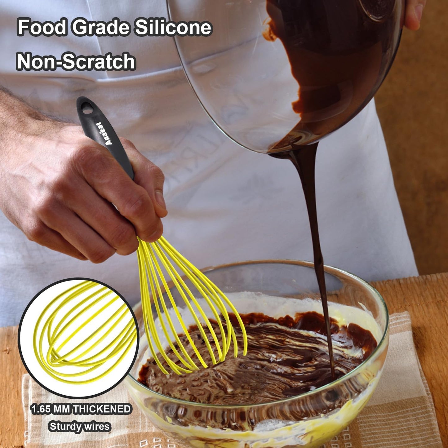 Anaeat Silicone Whisk, Thick Stainless Steel Wire Inner Heat Resistant - Kitchen Whisks for Non-Stick Cookware, Balloon Egg Beater for Whisking, Blending, Beating, Frothing & Stirring (Yellow)