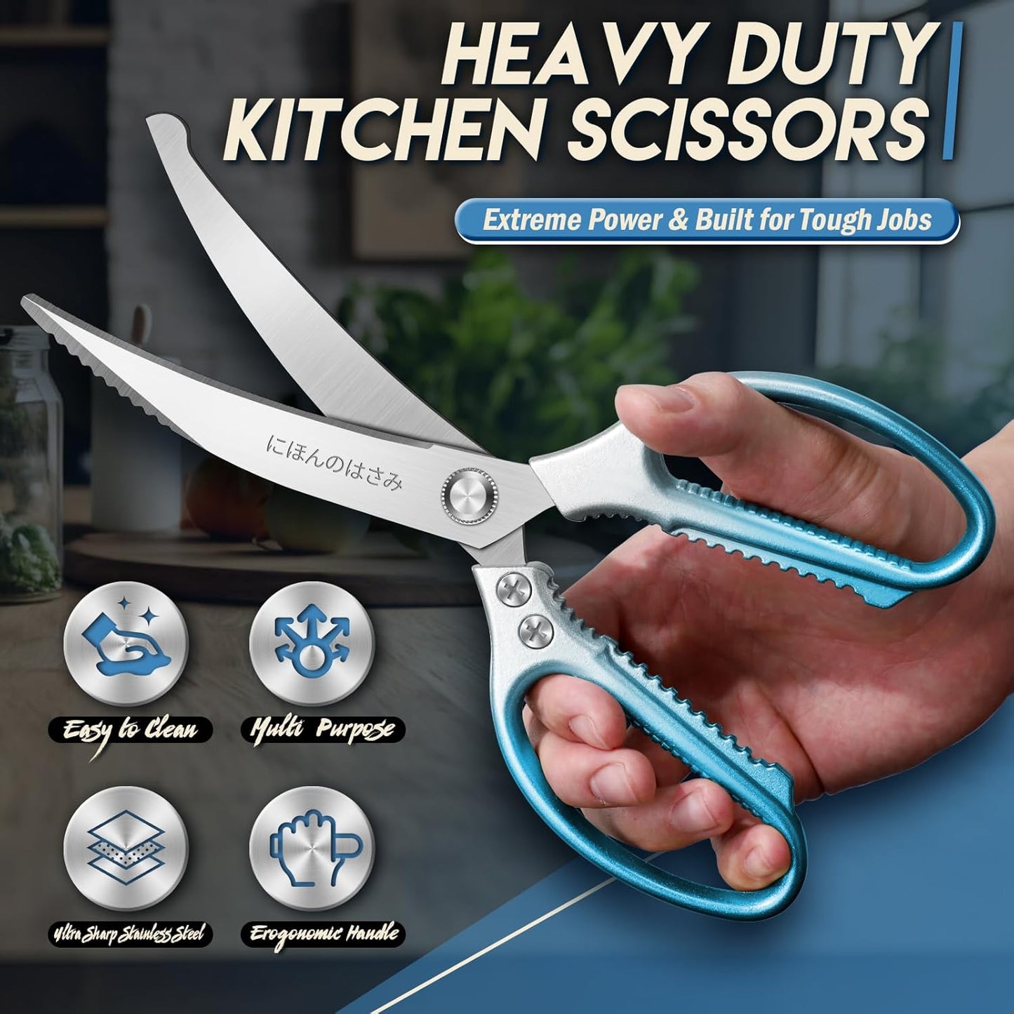 TIJERAS Kitchen Scissors Set Blue - Stainless Steel Kitchen Shear, Sharp Meat Scissors Dishwasher Safe, Heavy Duty Poultry Shears, Japanese Cooking Scissor for Food, Chicken Bones, and Turkey