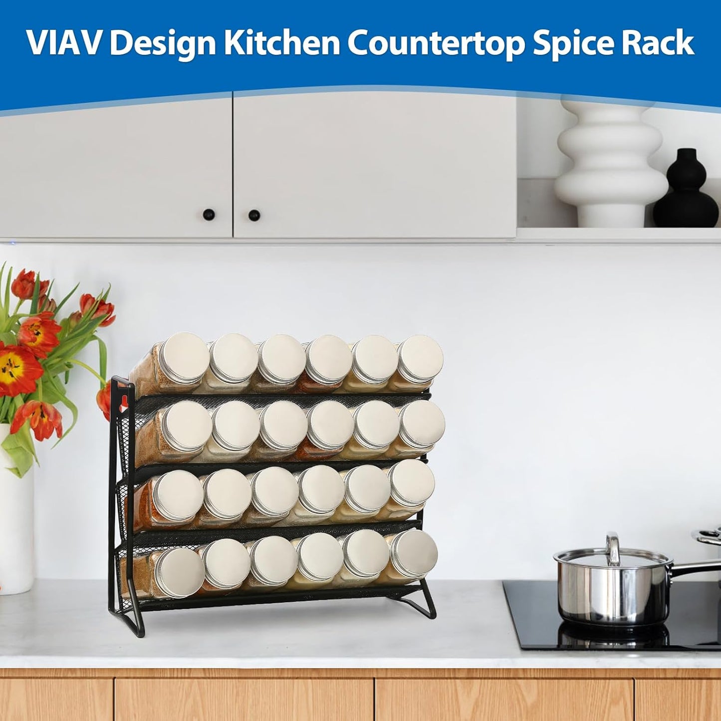 1PCS 4Tier Spice Rack for Counter Free Standing,Spice Rack for Inside Cupboard Hanging Wall Mounted Spice Seasoning Organiser Spice Jars Bottle Organizer for Kitchen Pantry（Black）