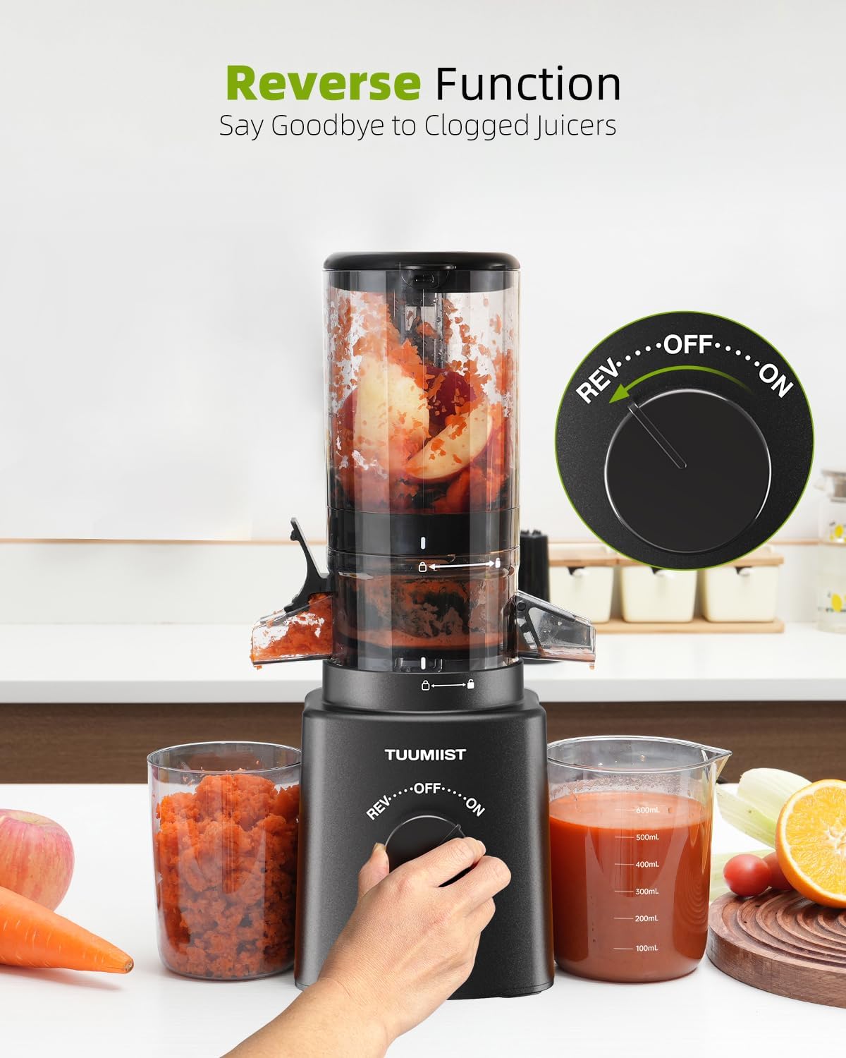 Juicer Machines, TUUMIIST Cold Press Juicer with 4.6'' Large Feed Chute Fit Whole Vegetable And Fruit, Masticating Juicer Easy To Clean, Black