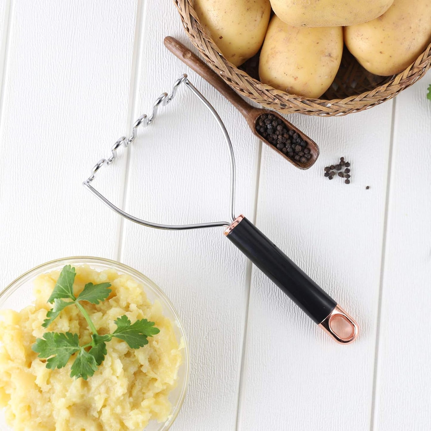 Potato Masher, Potato Masher Stainless Steel, Heavy Duty Mashed Potatoes Masher, Professional Metal Wire Masher Kitchen Tool for Bean, avocado, Vegetable-10.24 inch （Rose Gold）