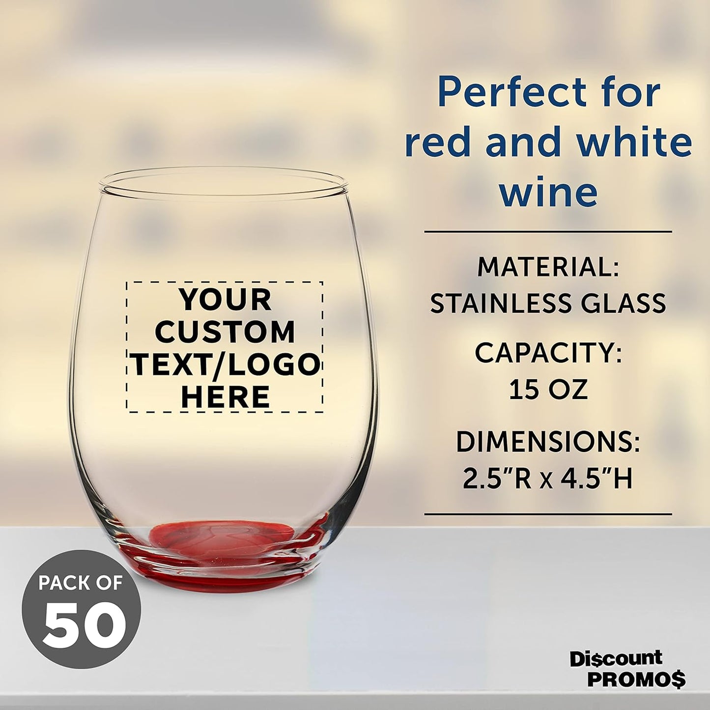 Custom Stemless Wine Glasses in Bulk by ARC Perfection, 15 oz, 50 pack, Personalized Text, Logo, Red or White Wine Glass Set, Red