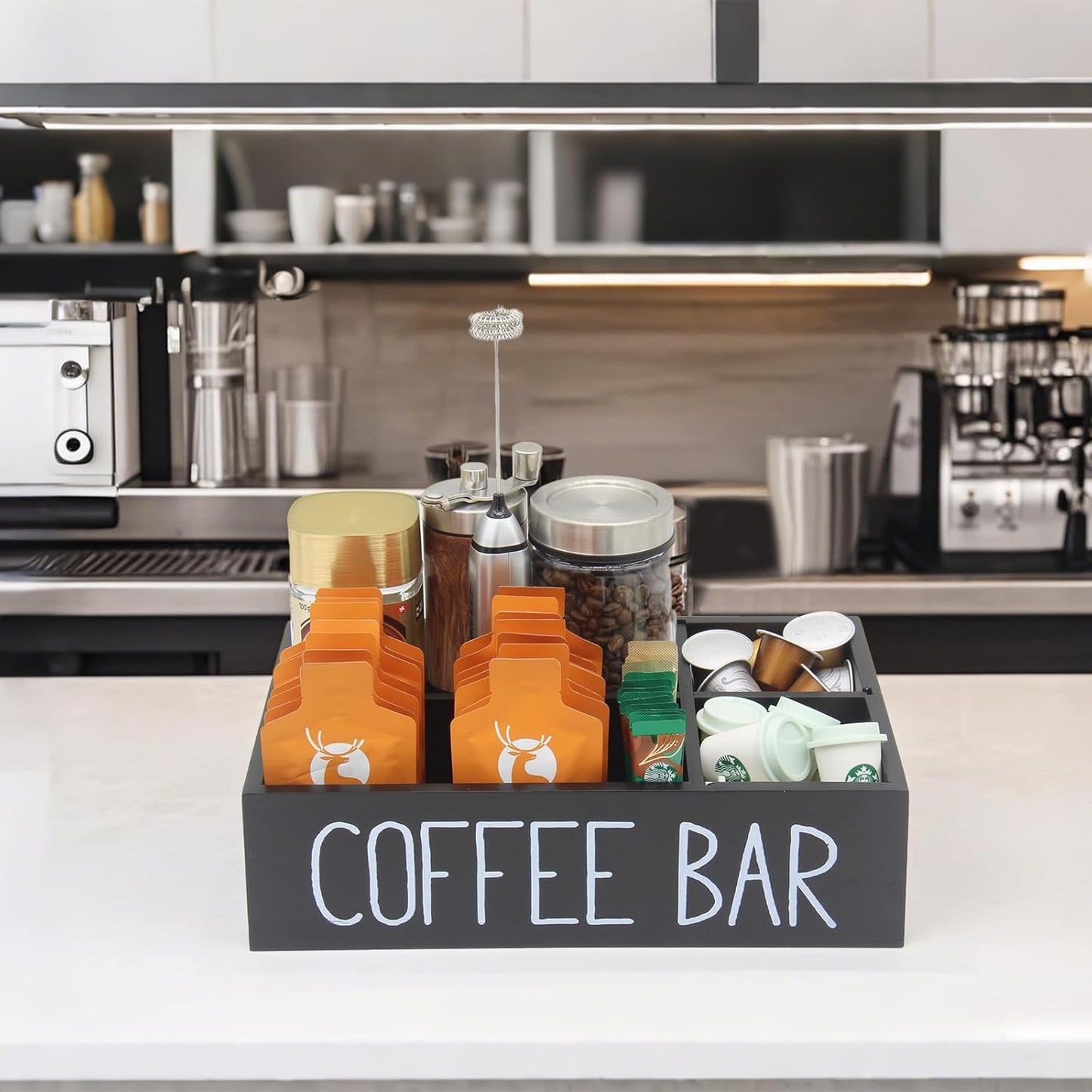 Coffee Station Organizer with Removable Dividers Disposable Cup Holder Wooden Countertop Organizer for Tea Condiment Accessories Storage Farmhouse Bar Decor Black (Black)