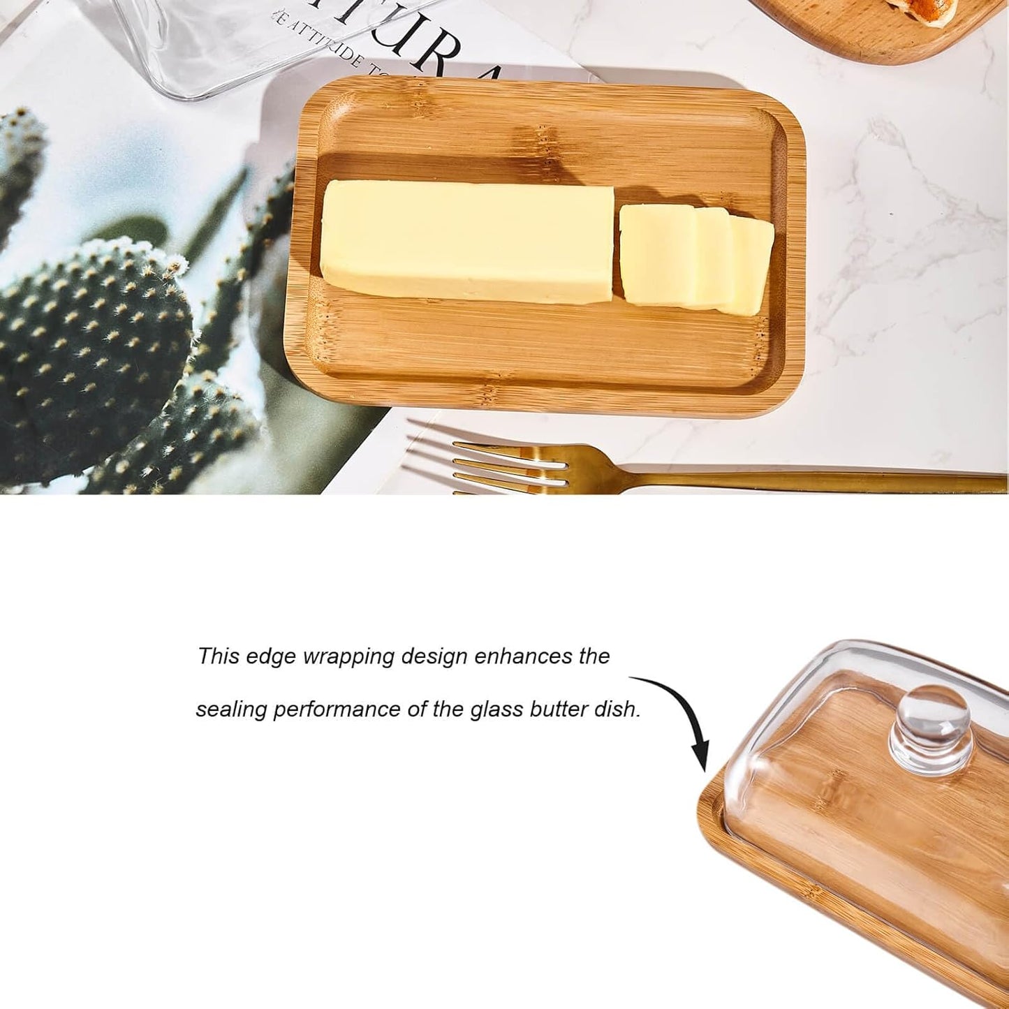 butter dish with lid, glass airtight lid keeps butter soft, for countertop and refrigerator. Widened design to fit all butters. Covered butter dishes with, Made of glass and bamboo.