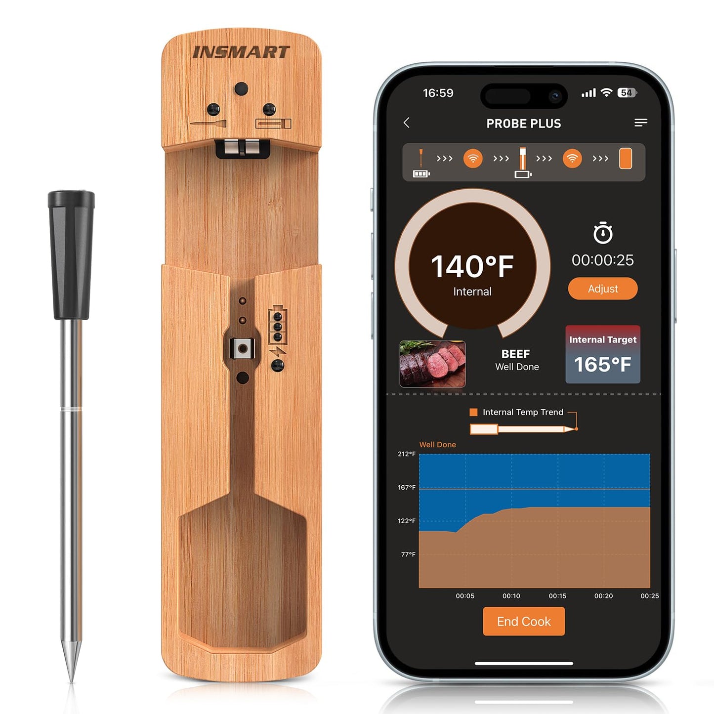 INSMART Wireless Smart Meat Thermometer,330FT Bluetooth Range,100% Waterproof,Precision Cooking Grilling,Multi Sensors,for BBQ,Oven,Grill,Kitchen,Smoker, Rotisserie Turkey Beef/iOS & Android App