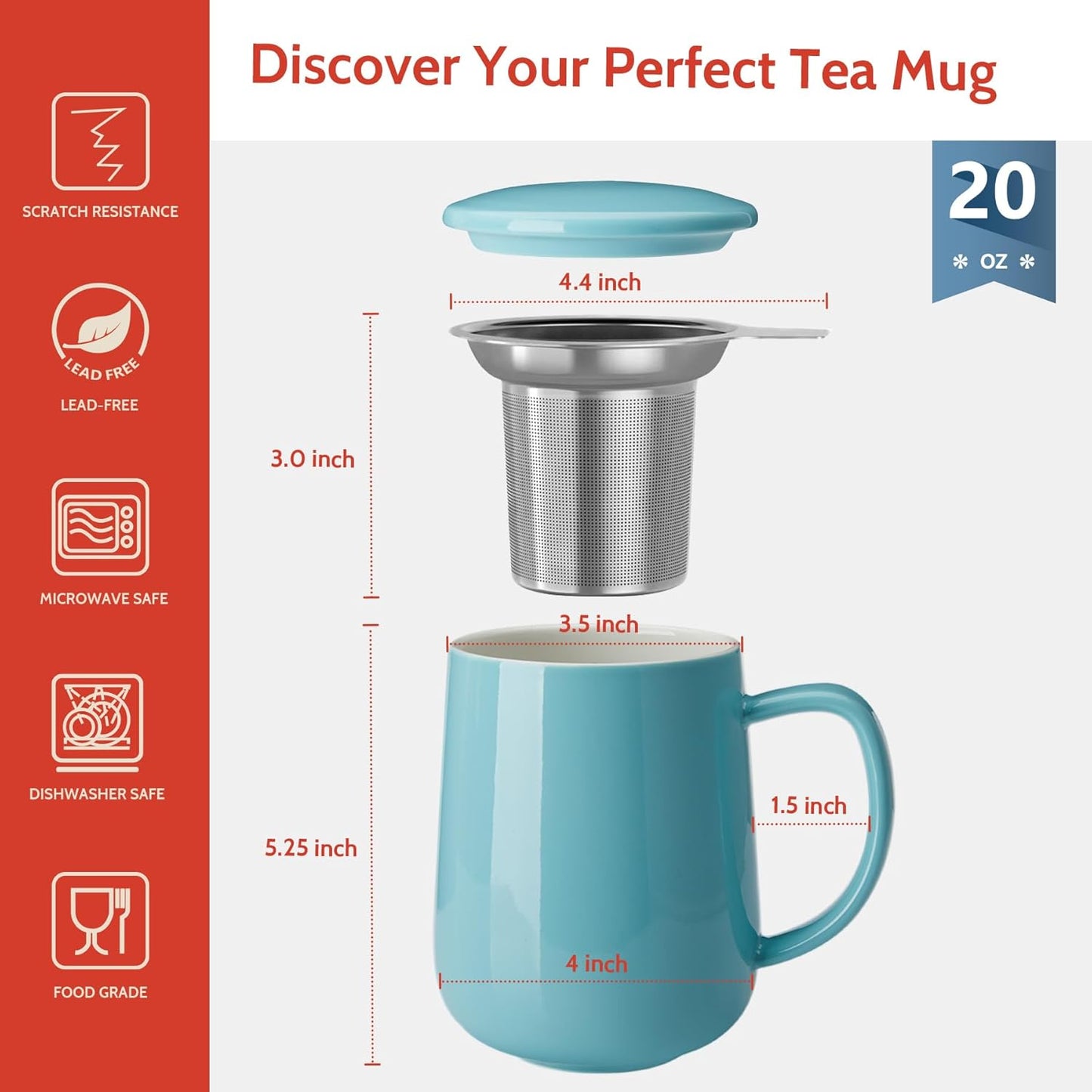 Sweese 20 OZ Porcelain Tea Mug with Infuser and Lid, Loose Leaf Tea Cup, Gifts for Tea Lover - Turquoise