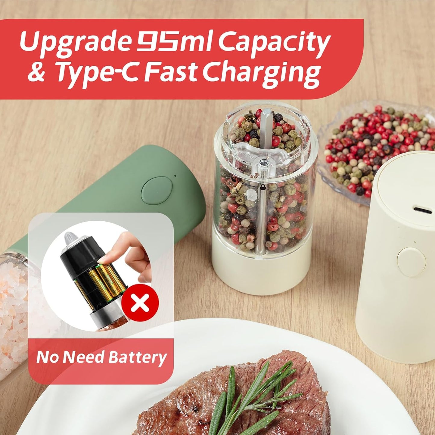 Electric Salt & Pepper Grinder Set (2 Pack) – USB Rechargeable, Adjustable Coarseness, One-Handed Operation with LED Light – Automatic Spice Mill Shaker for Kitchen, Dining, or Camping