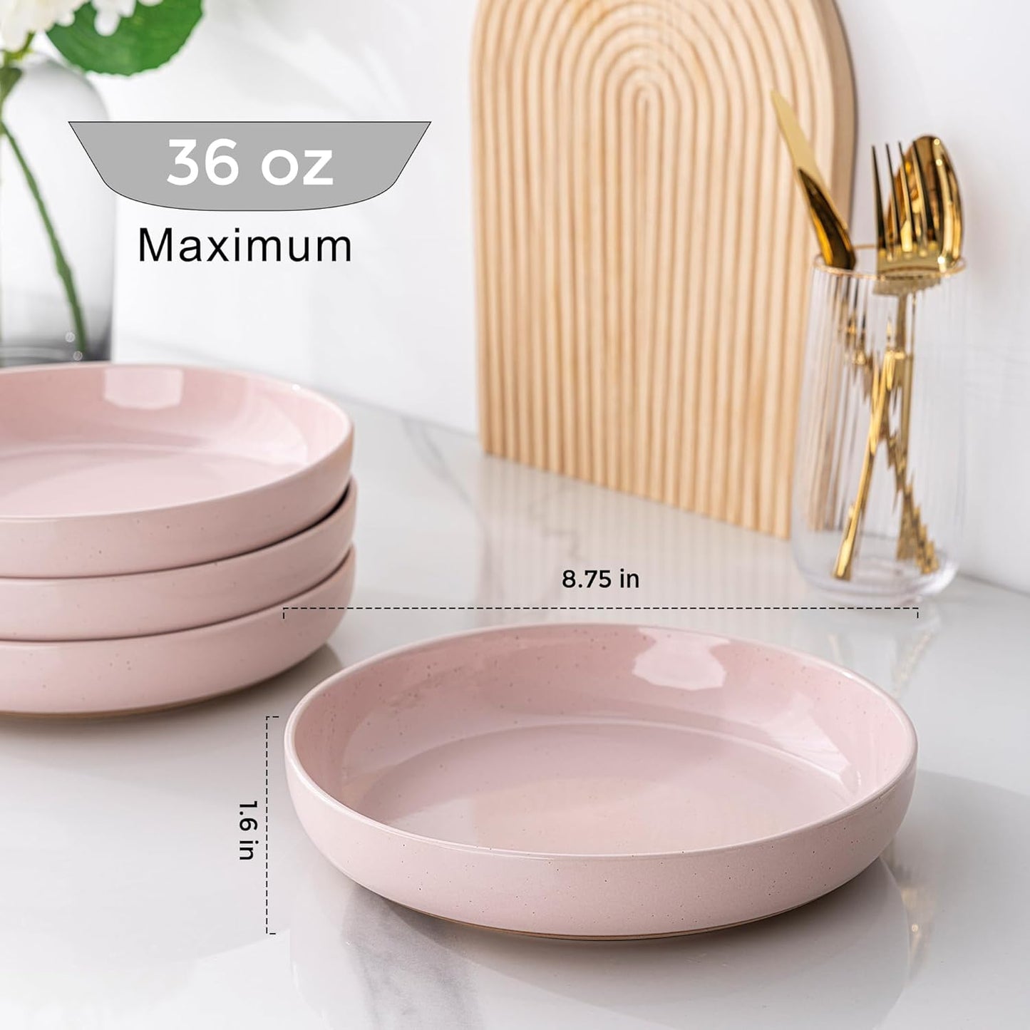 AmorArc 8.75'' Large Ceramic Pasta Bowls, 36oz Handpainted Stoneware Bowls Set of 4, Microwave&Dishwasher Safe Bowls with Rustic Terracotta Underside for Pasta Salad, Cloud Pink