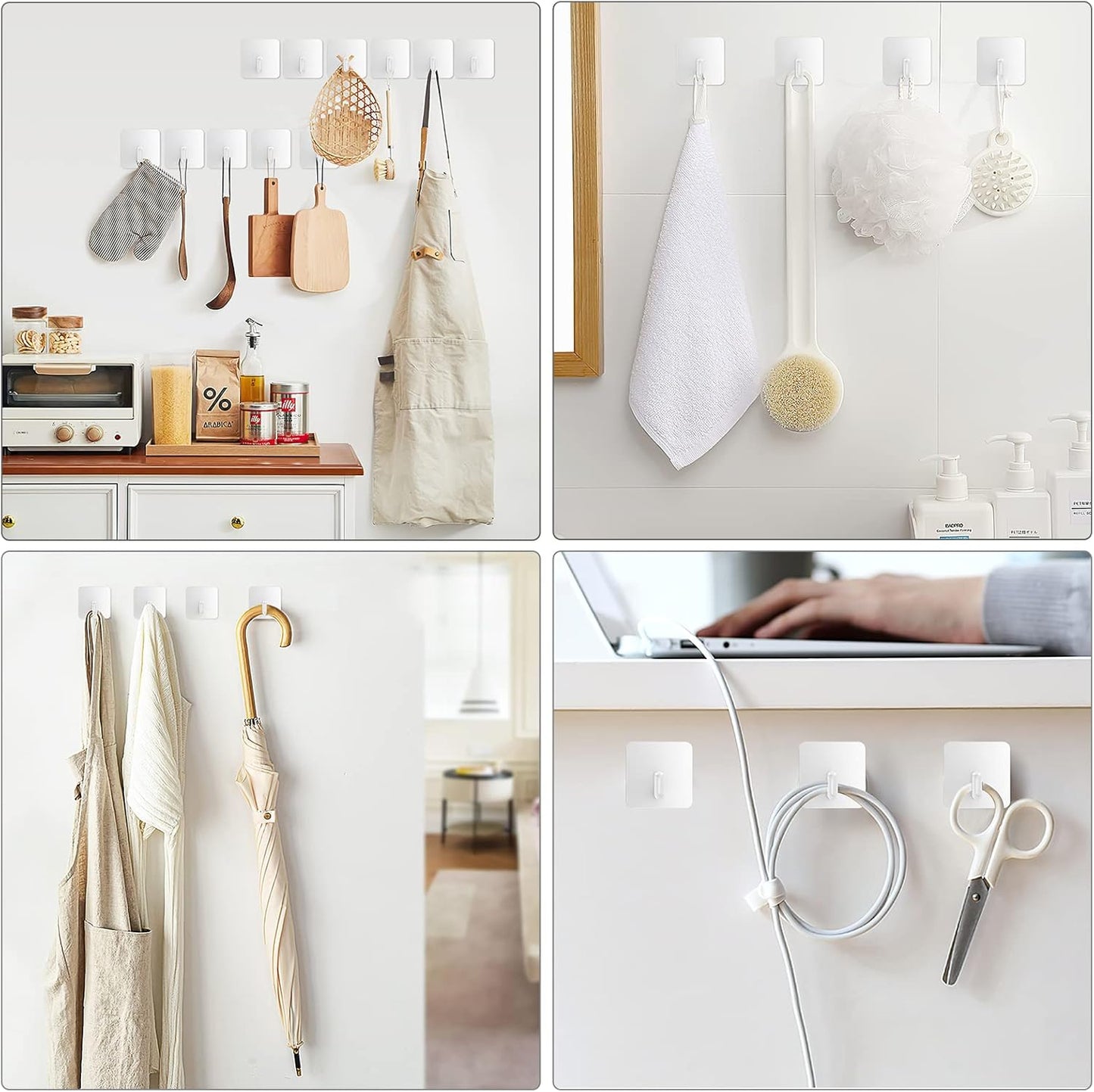 VIS'V Adhesive Hooks, Heavy Duty Shower Wall Stick on Hooks, Waterproof, 2 Extra Adhesive Strips, White, 4 Pcs