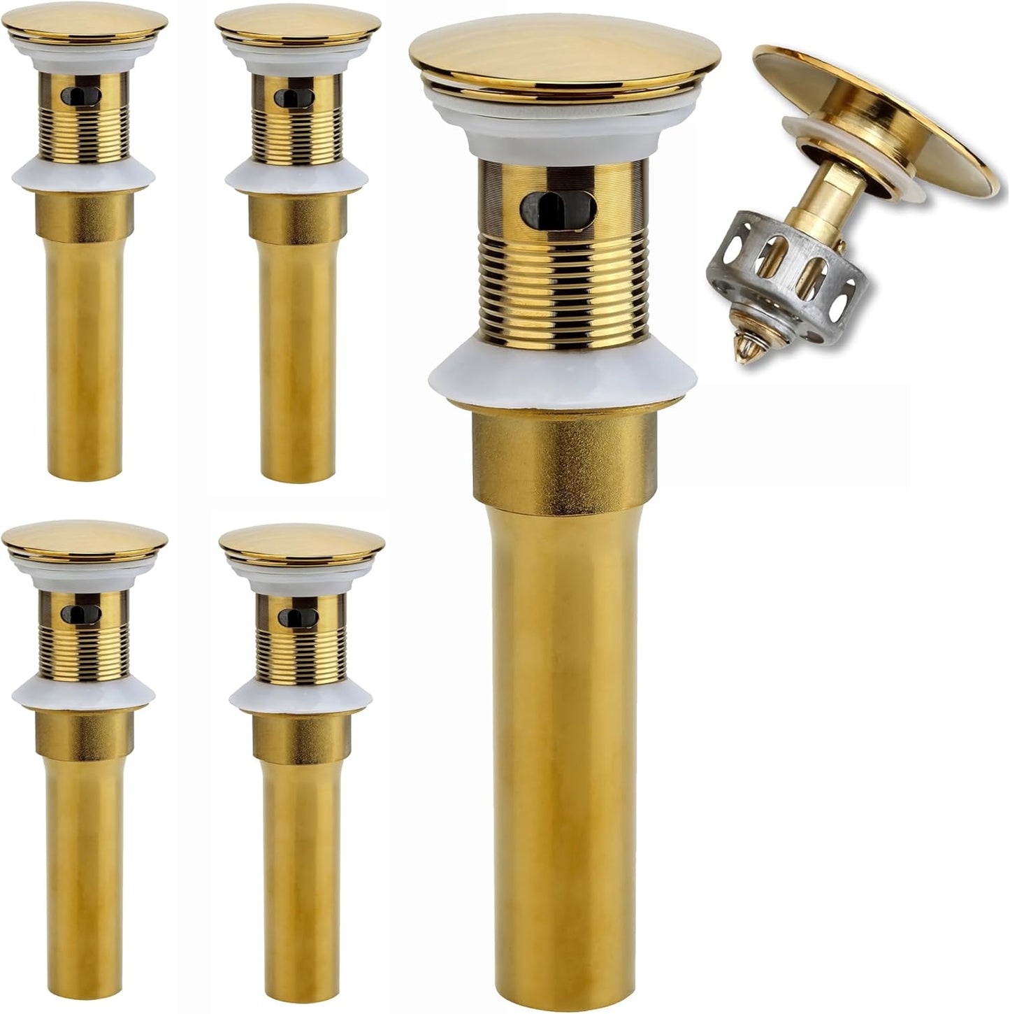 Bathroom Sink Drain, 5 Pack Gold Drain Stopper Bathroom Sink with Overflow, Pop Up Drain Assembly with Detachable Strainer Basket, Built-in Anti-Clogging Strainer,Stainless Steel