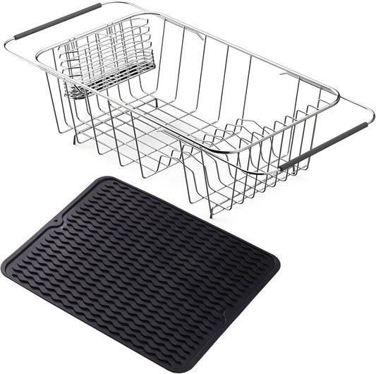 Stainless Steel Dish Drying Rack(15"L x 8.3"W x 4.2"D), Expandable Fruit & Vegetable Drain Rack over Sink, Dish Drainer Rack in Sink, with Stainless Steel Utensil Holder & 16" Silicone Mat