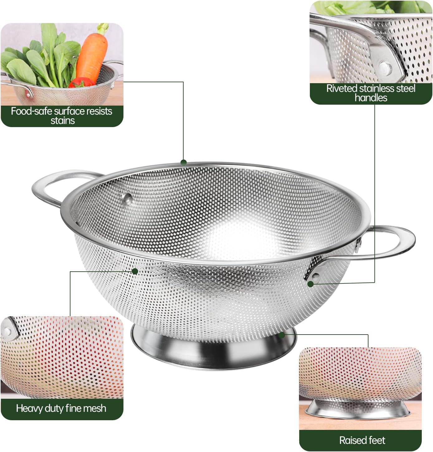 Premium Stainless Steel Colander for Kitchen, Food Strainer Basket with Handle and Solid Ring Base for Fruits Vegetables Rice and Pasta, Dishwasher Safe (5QT)