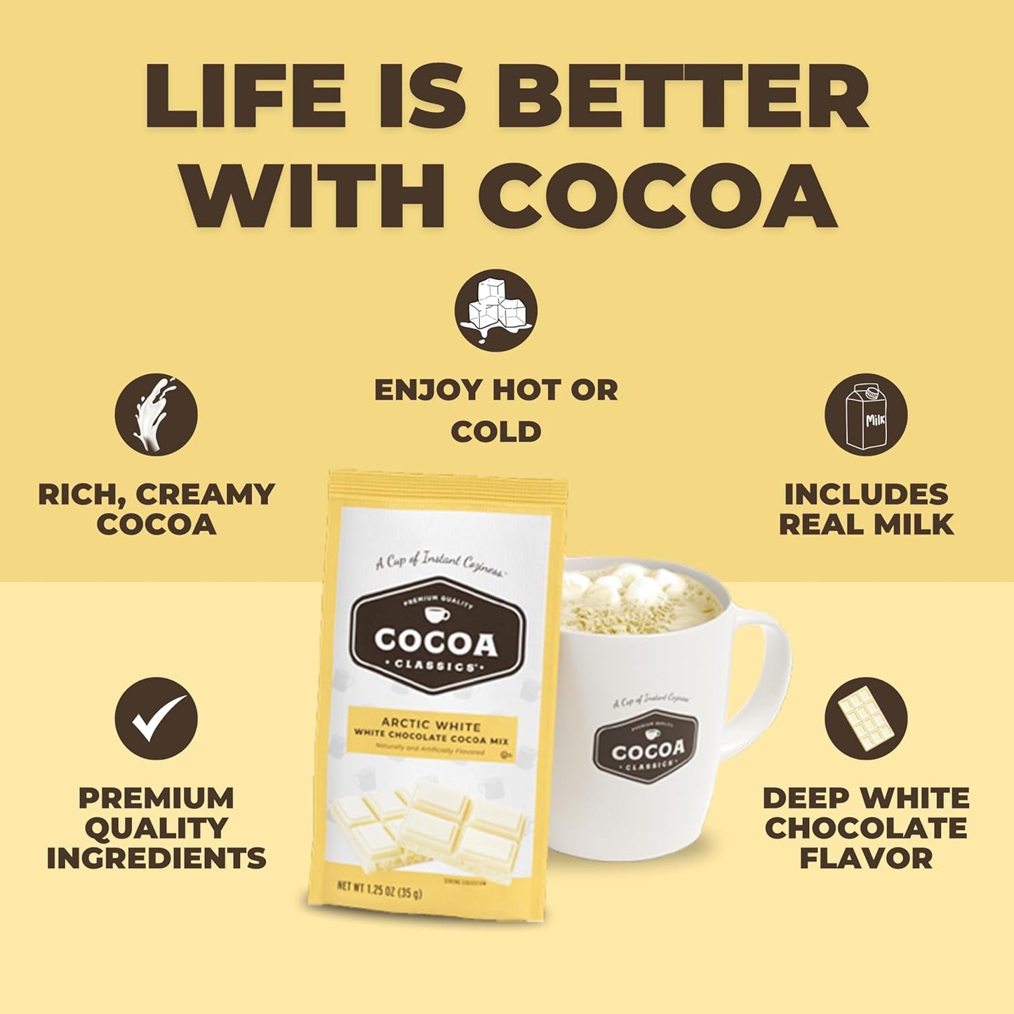 Cocoa Classics Arctic White Cocoa Mix, Hot Chocolate, Made with Nonfat Milk, Just Add Hot Water, Make Hot or Iced Cocoa, Gluten Free, 1.25oz Packets (Pack of 36)