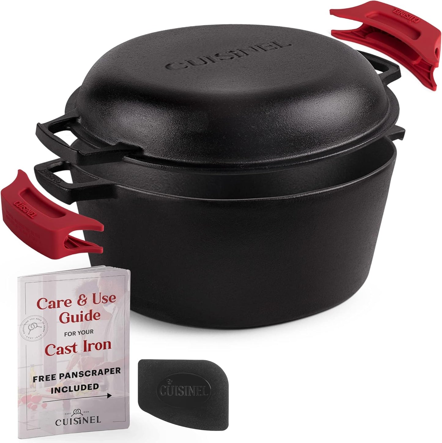 Cuisinel Cast Iron Dutch Oven 7-Quart - Pre-Seasoned 2-in-1 Deep Pot Multi-Cooker - Combo Lid Doubles as 12" Skillet Frying Pan + Silicone Handle Covers + Scraper/Cleaner - Indoor/Outdoor Cookware