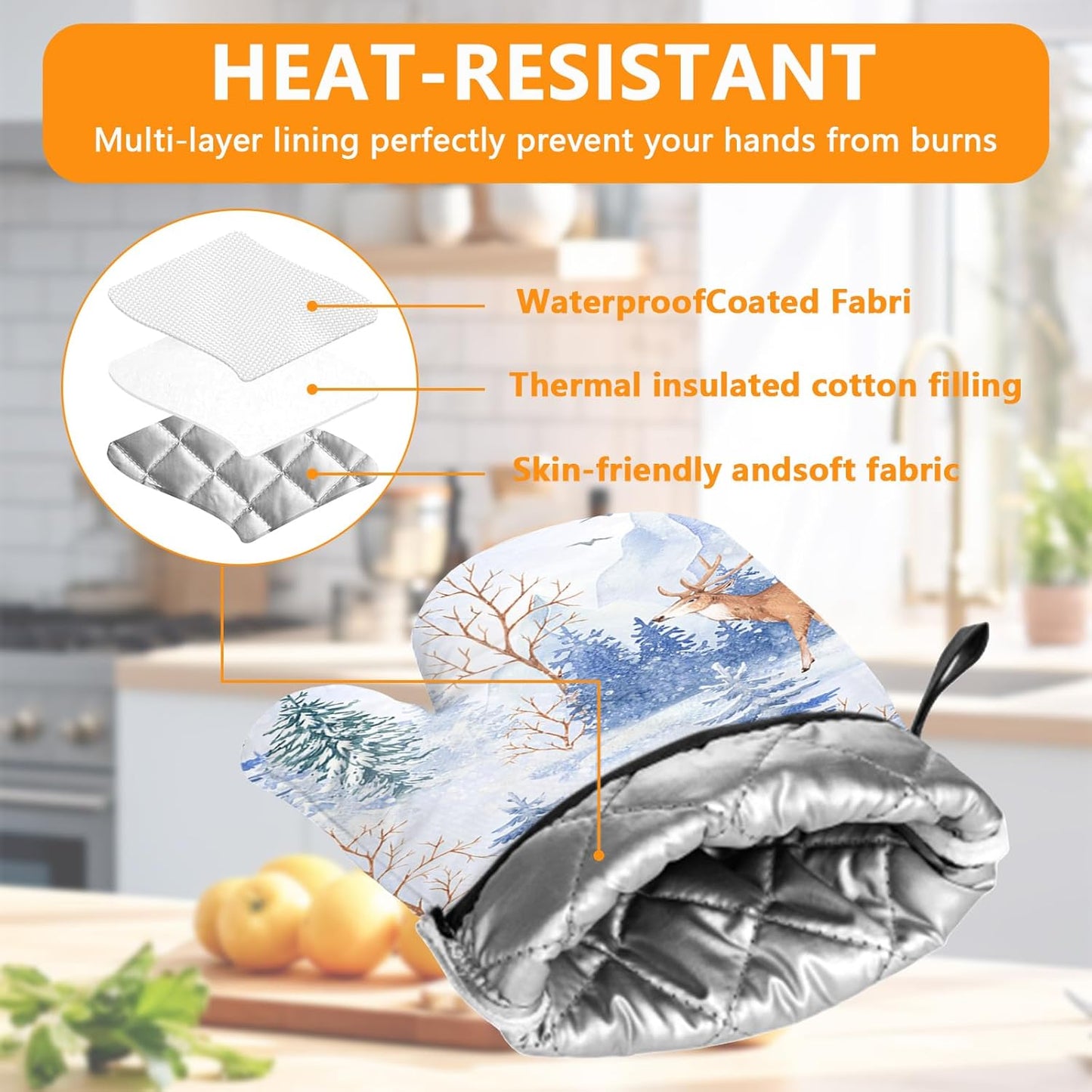 Deer Mitts and Pot Holders Sets 4Pcs,Extra Long Oven Gloves Potholder for Kitchen Cooking Baking BBQ 100% Cotton Heat Resistant