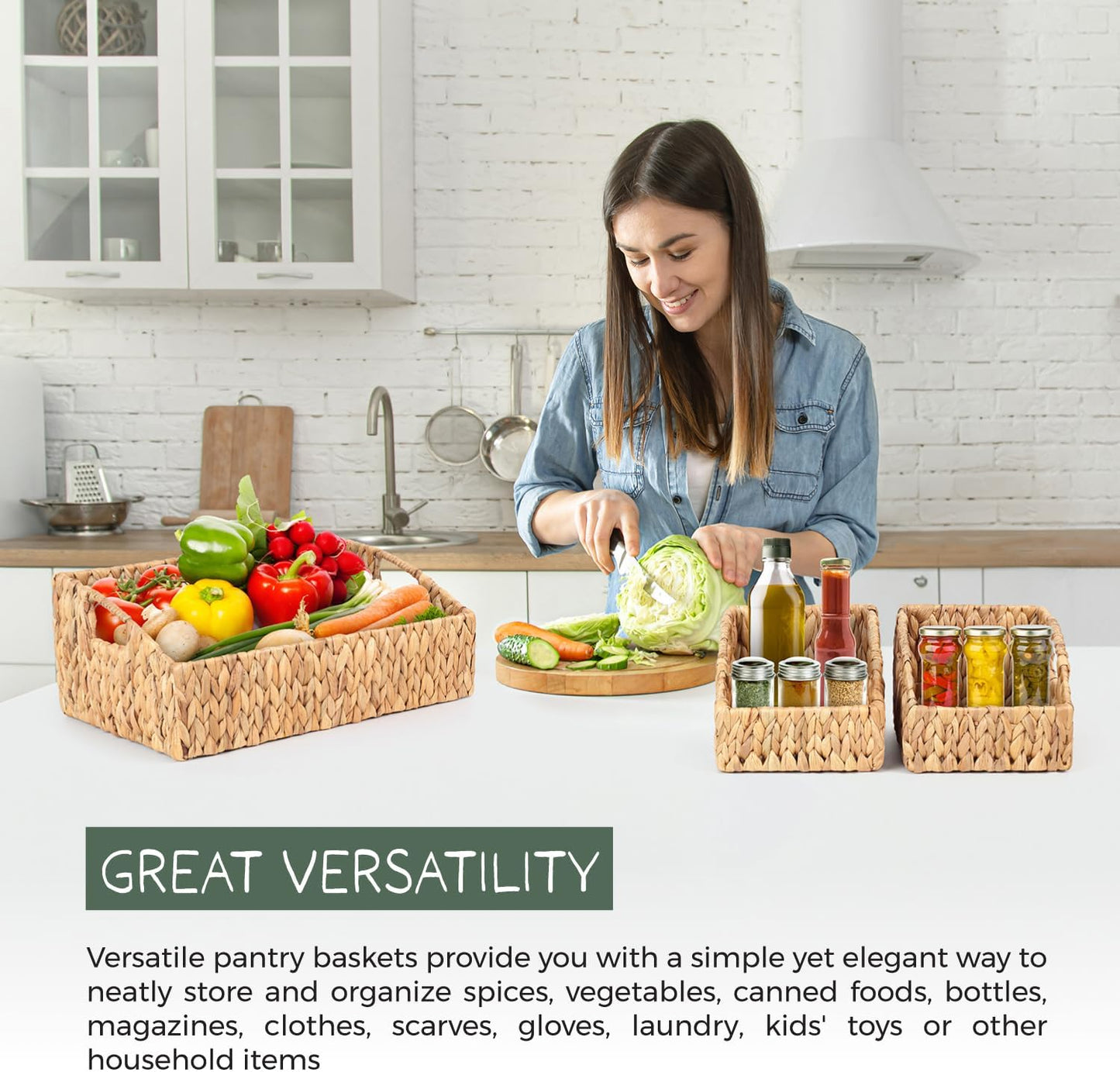 Set of 3 Handwoven Water Hyacinth Storage Baskets – Decorative Natural Wicker Organizer Bins with Built-in Handles for Bathroom, Kitchen, Pantry, Nursery, Closet, Laundry, Living Room, and Home Use