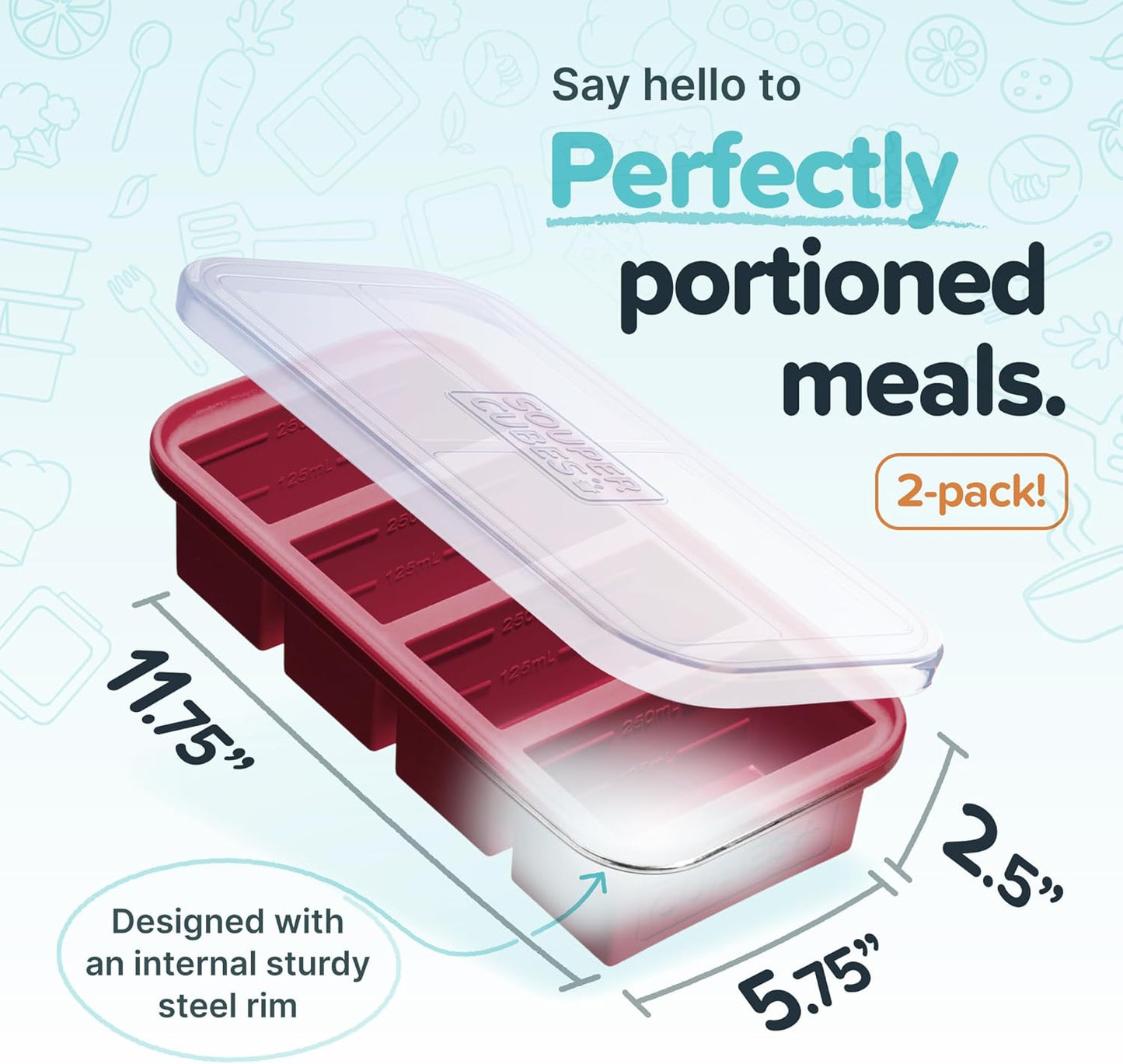 Souper Cubes 1 Cup Silicone Freezer Tray with Lids, Perfect for Storing Broth, Leftovers, Rice, Sauce and More, Silicone Soup Freezer Molds for Meal Prepping - Cranberry - 2-Pack