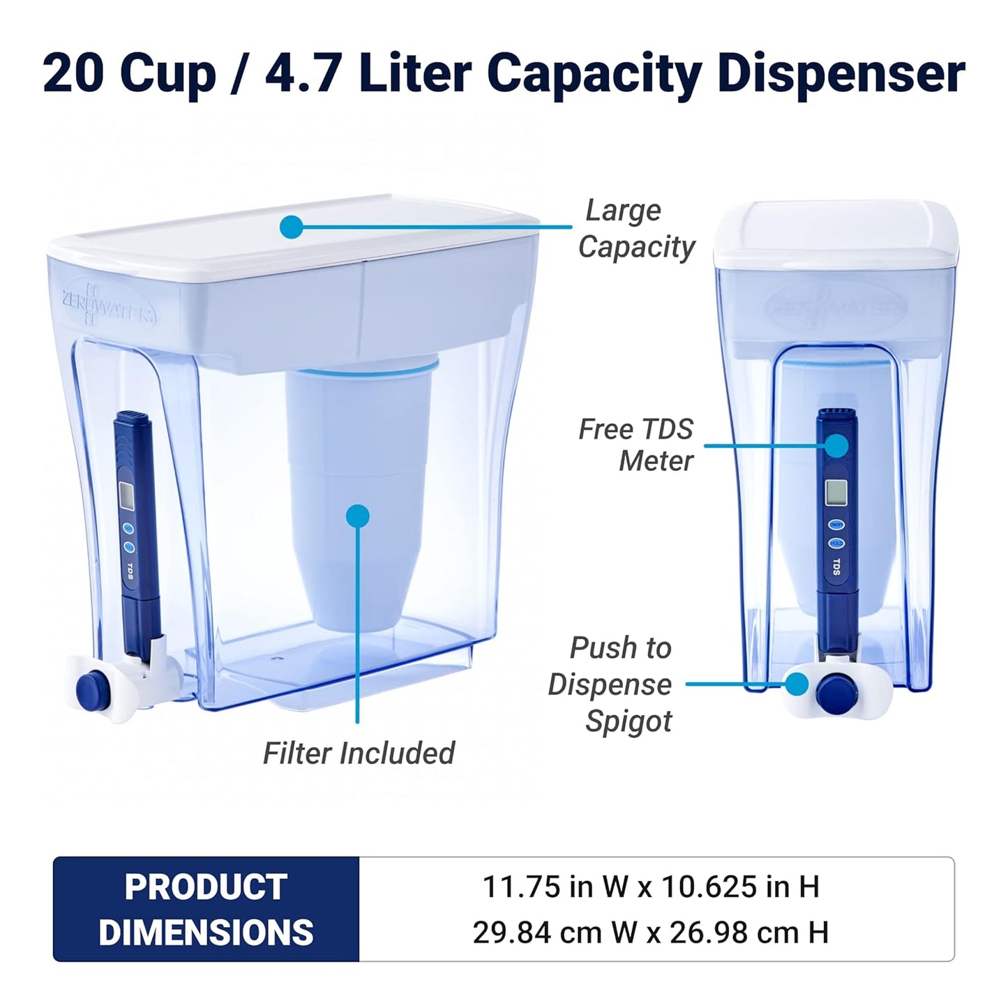 ZeroWater 20-Cup Ready-Pour 5-Stage Water Filter Dispenser with 0 TDS Water Filter – IAPMO Certified to Reduce Lead, Chromium, and PFOA/PFOS