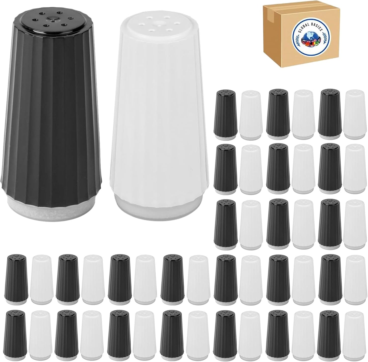 Disposable Salt and Pepper Shakers by Global Basics - Plastic Shaker Sets for Parties, Restaurants, Picnics, Cookouts - Prefilled Salt and Pepper Shakers with 4oz. Salt, 1.5oz. Pepper - 48-Pack