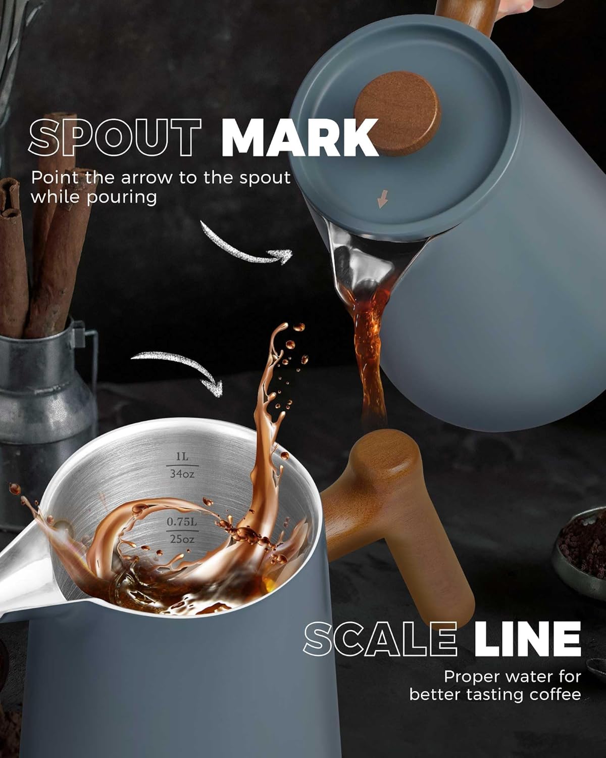 POLIVIAR French Press Coffee Maker, 34 oz Coffee Press with Real Wood Handle, Double Wall Insulation & Dual-Filter Screen, Food Grade Stainless Steel for Good Coffe and Tea, JX2025-XFPU