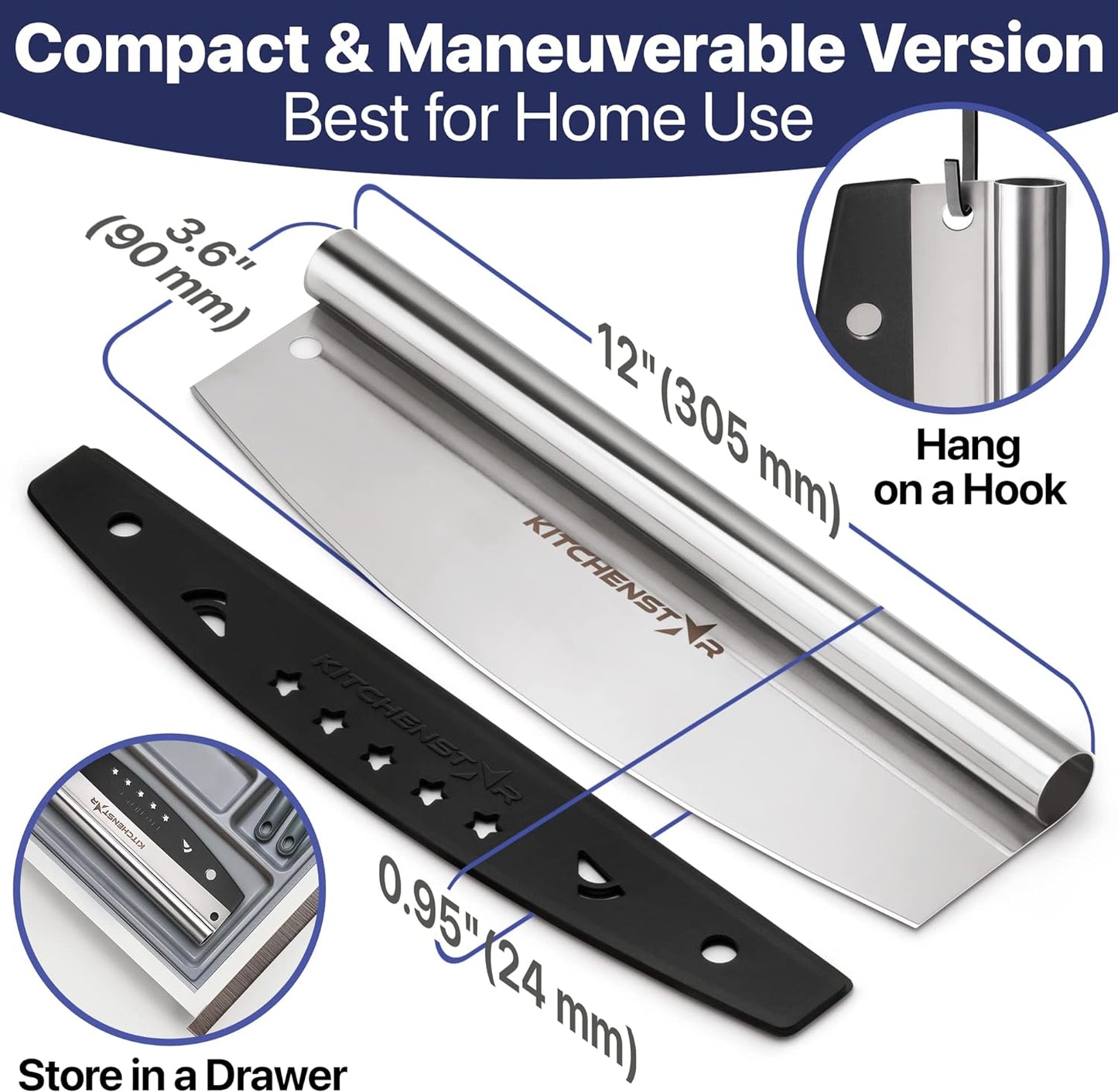 KitchenStar 12-Inch Pizza Cutter Rocker Blade - Sharp Stainless Steel Slicer Knife, Protective Cover, Dishwasher Safe, Small - Professional Pizza Oven Accessories