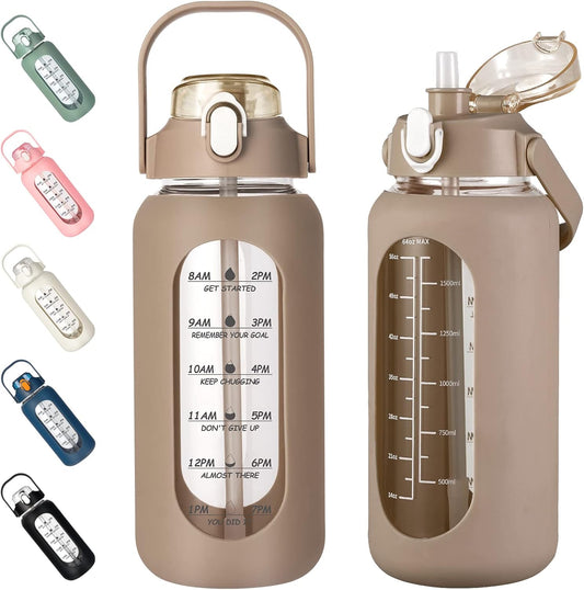 kytffu 64oz Glass Water Bottles with Straw, Half Gallon Motivational Glass Bottle with Silicone Sleeve and Time Marker, 2L Leakproof Large Glass Water Jug for Gym Home Office,Amber
