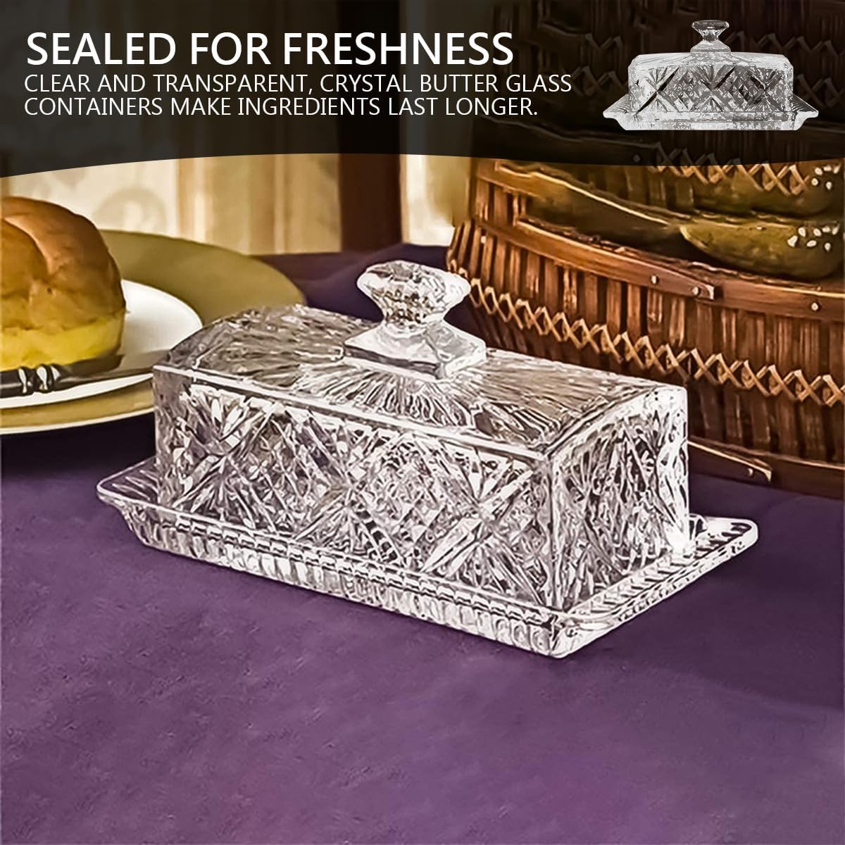 Glass Butter Dish with Lid Handle Butter Keeper Dessert Tray Cake Plate Crystal Covered Butter Dish for Home Kichen Candy, Dessert, Parfait, Jam