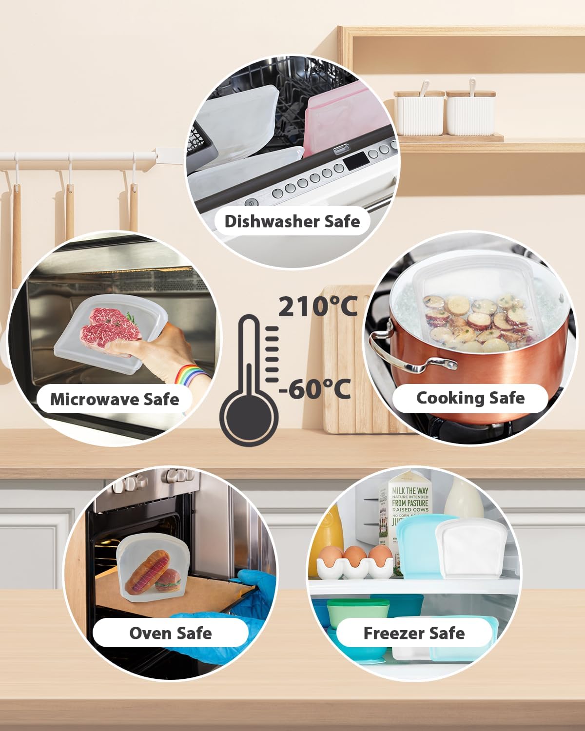 Reusable Silicone Storage Bag, 8Pack Pocket, Snack, and Sandwich Bag, Endurables Seal-Top Silicone Bags for Food Storage, Freezer, Microwave, Oven, Dishwasher Safe (Clear)