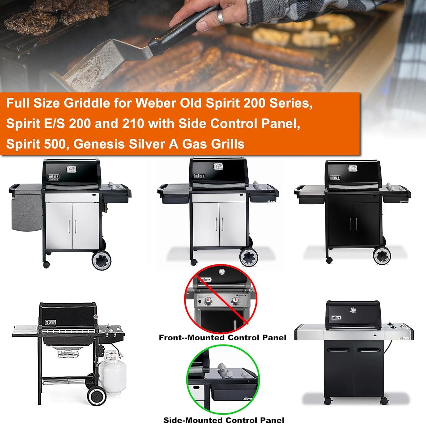 Full-Size Griddle Inserts for Weber Old Spirit 200 Series E/S 200 & 210 Side Control Panel, Flat Top Griddle for Weber Spirit 500 Genesis Silver A, Replace for 7521 7522 7523 65904 65905