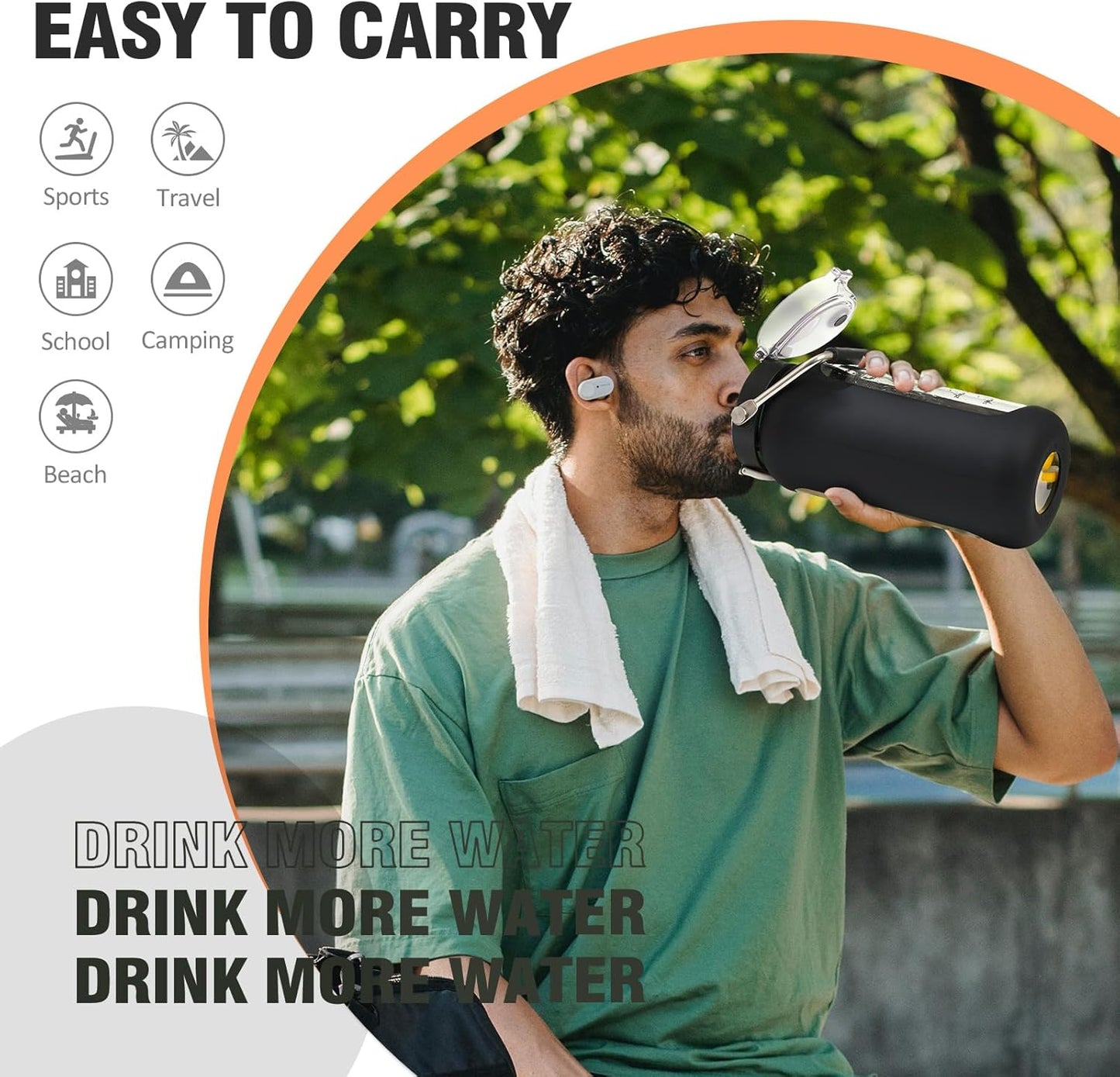 kytffu 64 oz Glass Water Bottle with Straw and Stainless Steel Handle, Half Gallon Water Bottle with Silicone Sleeve and Time Marker, 2L Large Glass Bottle for Gym, School, Travel, Leak-proof (Black)