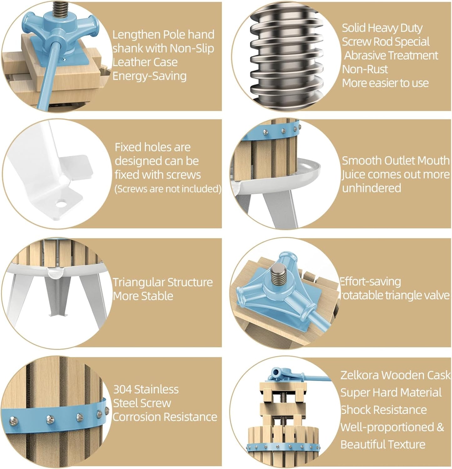 SQUEEZE master Fruit Apple Cider Wine Classic Press-Blue-1.6 Gallon/6L-Solid Wood Basket-Vintage traditional juicer-Pole Handle Bar for Juice,Wine,Cider-1 free filter bag included