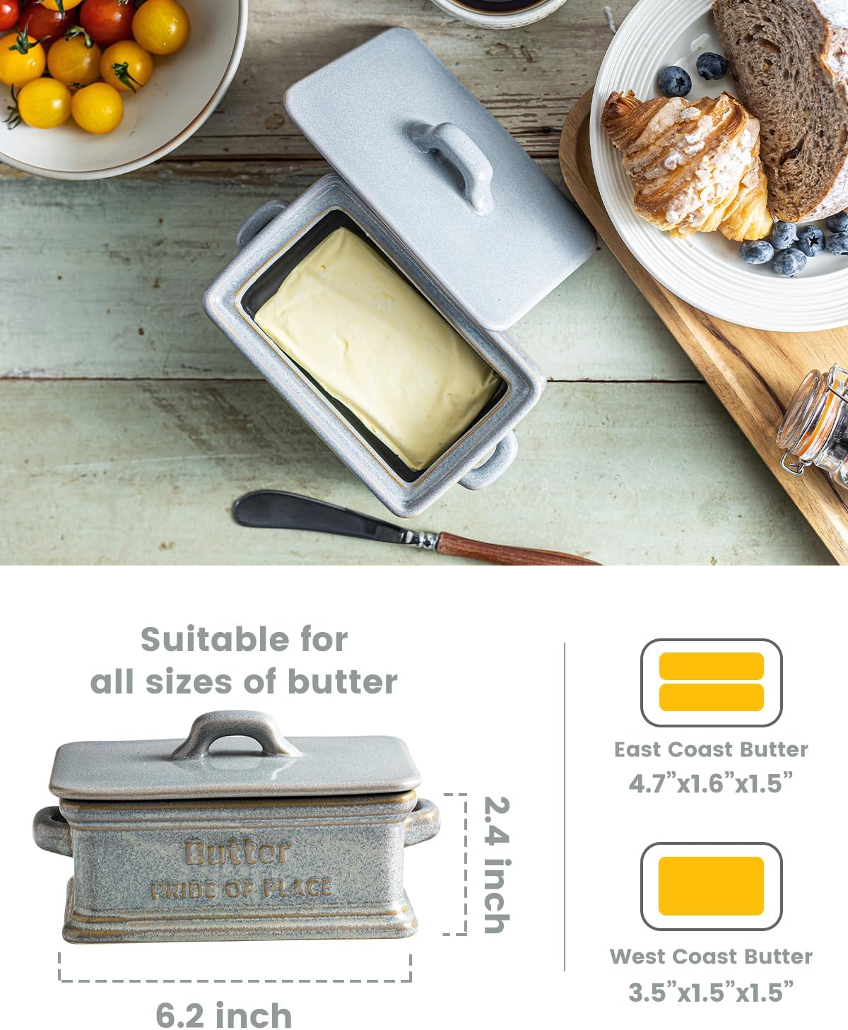 Butter Dish with Lid, Ceramic Butter Holder Container Large Butter Dish for Countertop Farmhouse Decor Butter Keeper for East West Coast Butter, Gray