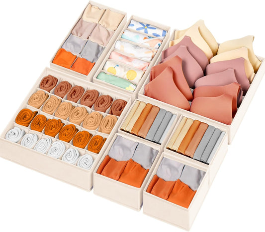 Drawer Organizer Clothes, 8 Pack Dresser Organizer Bins for Baby Clothes, Underwear Sock, Fabric Closet Organization and Storage Dividers for Nursery Bedroom (48 Compartments, Beige)