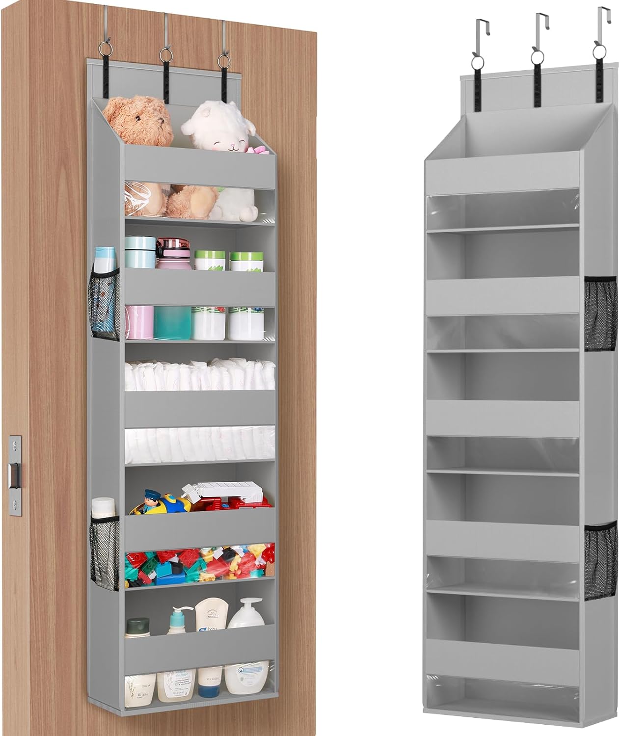 Lifewit 1 Pack Over the Door Organizer, 5 Shelf Clear Window Hanging Storage with 4 Mesh Side Pockets, Anti Tilt 40lbs Load Behind Door for Pantry, Nursery, Bathroom, Bedroom, Kitchen, Dorm,Light Grey