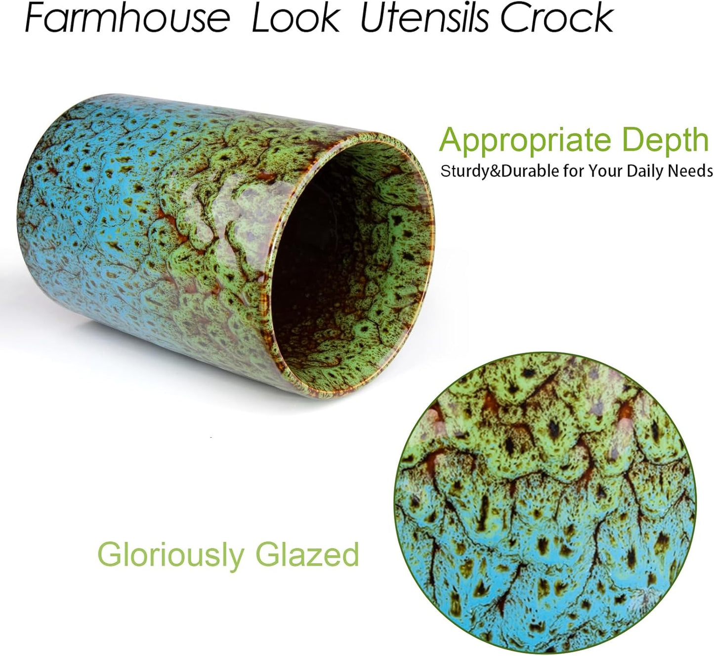 Utensil Holder, Ceramic Kitchen Utensil Holder for Countertop, Large Cooking Utensil Crocks for Kitchen Counter, Morden Utensil Organizer for Spatula, kitchen Decor,Green & Blue