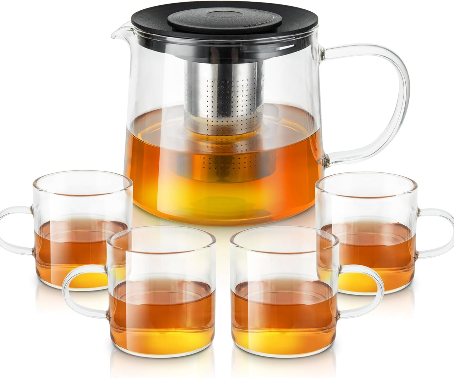 Glass Teapot 34oz/1000ml with 4 Pack Tea Cups Gift Set, Removable Stainless Steel Infuser, Heatproof Borosilicate Glass, Stovetop Safe for Loose and Blooming Leaf Tea