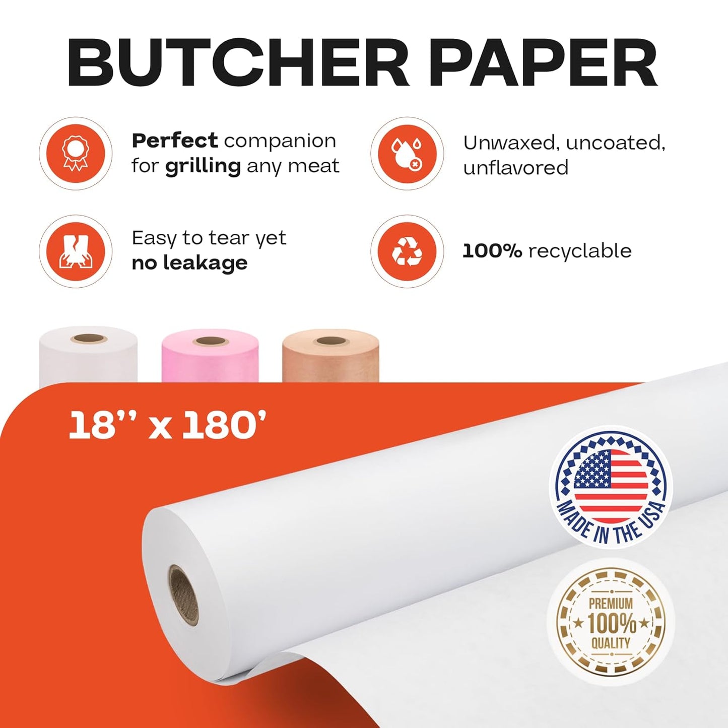 White Butcher Paper 18" x 2160" (180 feet) - USA-Made Natural Butcher Paper Roll for Meat and Fish - Uncoated, Unwaxed & Food-Grade Material for Smoker, Grilling & BBQ by IDL Packaging
