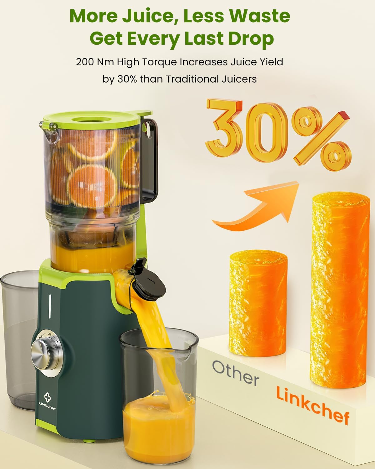 LINKChef Cold Press Juicer Machines for Vegetables and Fruits, 4.35" Wide Chute Masticating Juicer with Pulp Separator, Easy to Clean, BPA-Free, Compact Electric Slow Juice Extractor for Whole Fruit