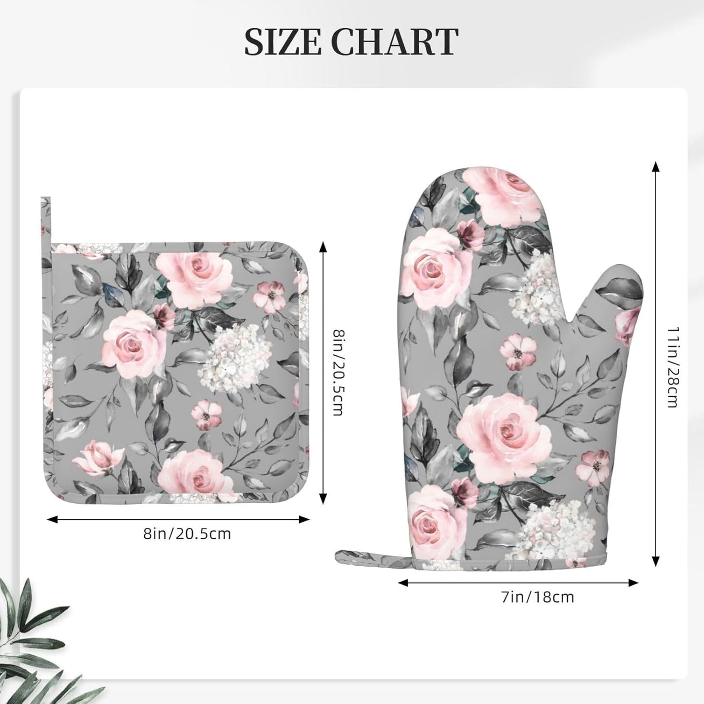 Roses Oven Mitts Pot Holders Set Silicone Heat Resistant Gray Flower Pink Rose Oven Mitts and Hot Pads Rose Potholders Non-Slip Oven Gloves for Cooking Baking Grilling BBQ