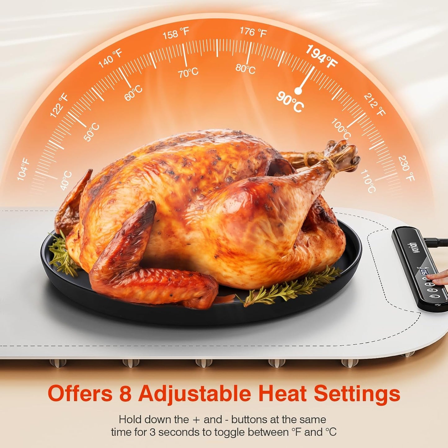 Warming Mat for Food, Voriah Electric Warming Tray with 99H Timer & 8 Temperature Settings, Foldable Food Warmer with °C/°F Switch, Keeps Food Warm at Buffets, Sabbath, Family Gatherings(White)