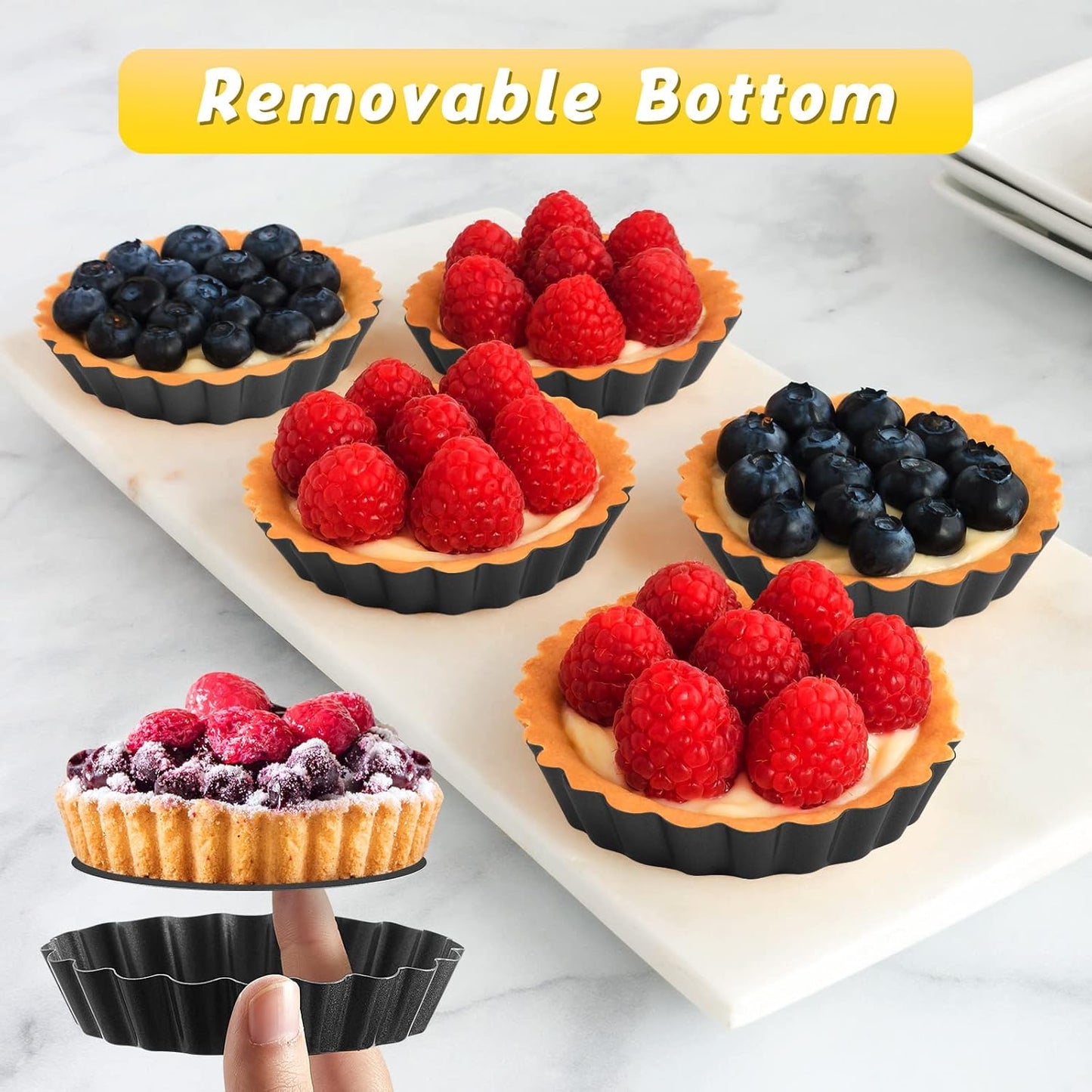 Uiifan 32 Pcs Mini Tart Pans Egg Tart Molds with Removable Bottom Round Nonstick Quiche Pan Mini Pie Pans Small Bakeware Mold Fluted Side for Mousse Cake Dessert Baking(3 Inch,Black Gray)