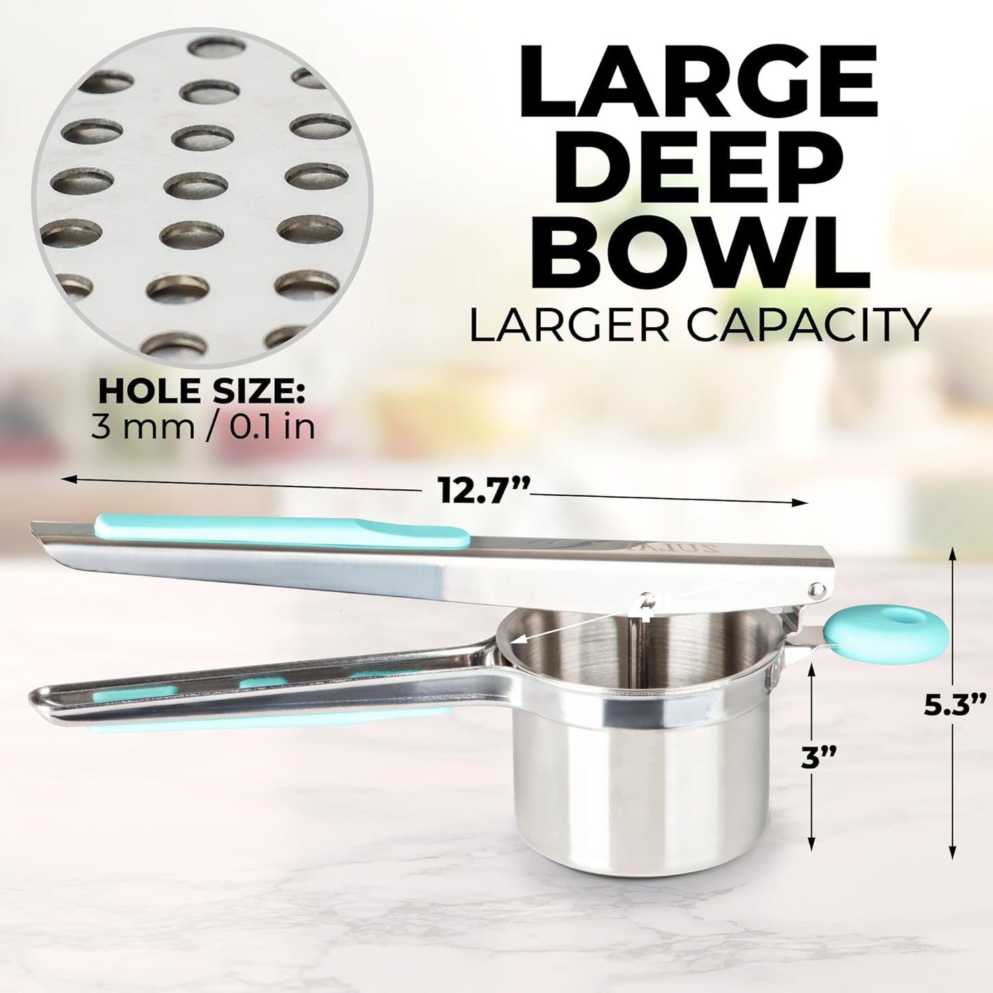 Zulay Kitchen Large 15oz Potato Ricer, Heavy Duty Stainless Steel Potato Masher and Ricer for Mashed Potatoes, Mashed Potato Masher & Potato Press Gadget for Perfect Mashed Potatoes - Turquoise