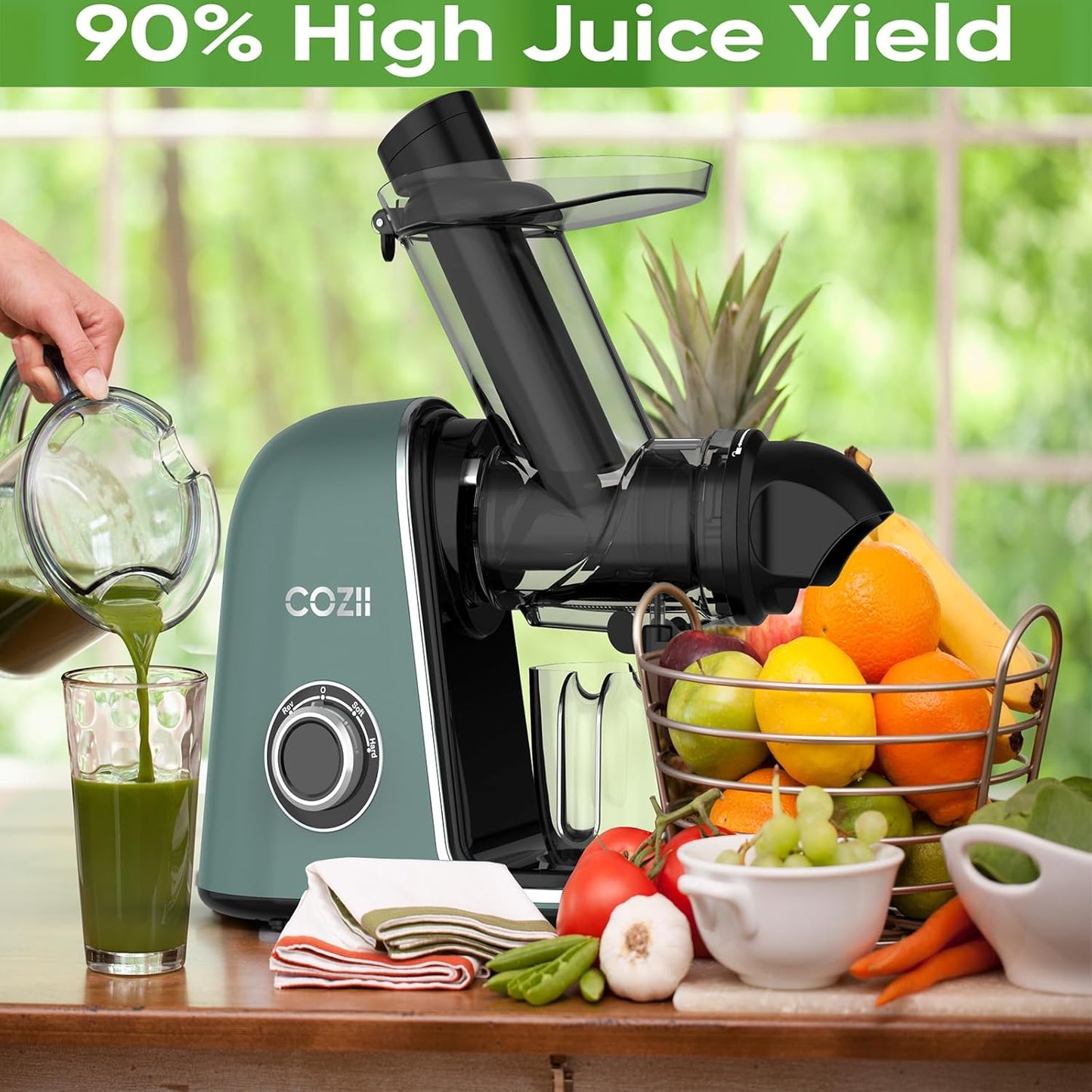 COZII Cold Press Juicer,Non-Clog Slow Masticating Juicer Soft/hard Mode & Quiet Motor,3.6 Inch Large Feed Chute For Vegetable and Fruit,Easy to Clean Juicer Machines,Dishwasher Safe,High Juice Yield