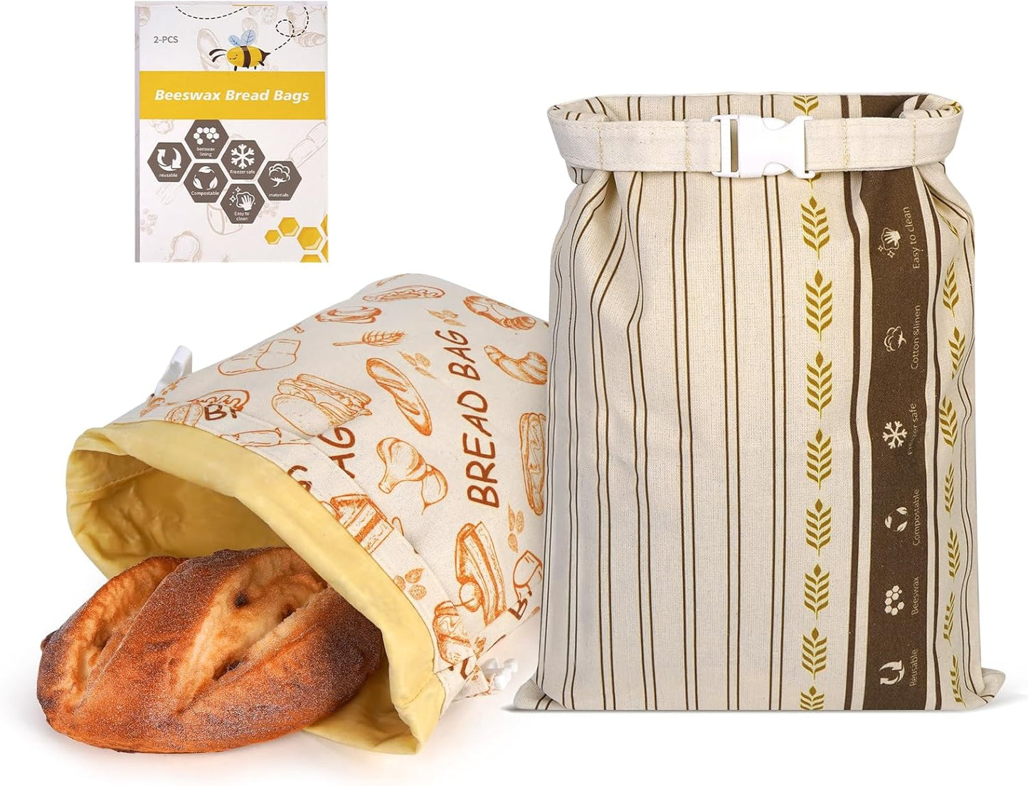 2 Pack Beeswax Bread Bags - Large Reusable Cotton Linen Food Storage Covers for Sourdough & Homemade Bread, Waxed Bags Keep Bread Fresh, Proofing Bag Freezer-Safe, Easy Clean