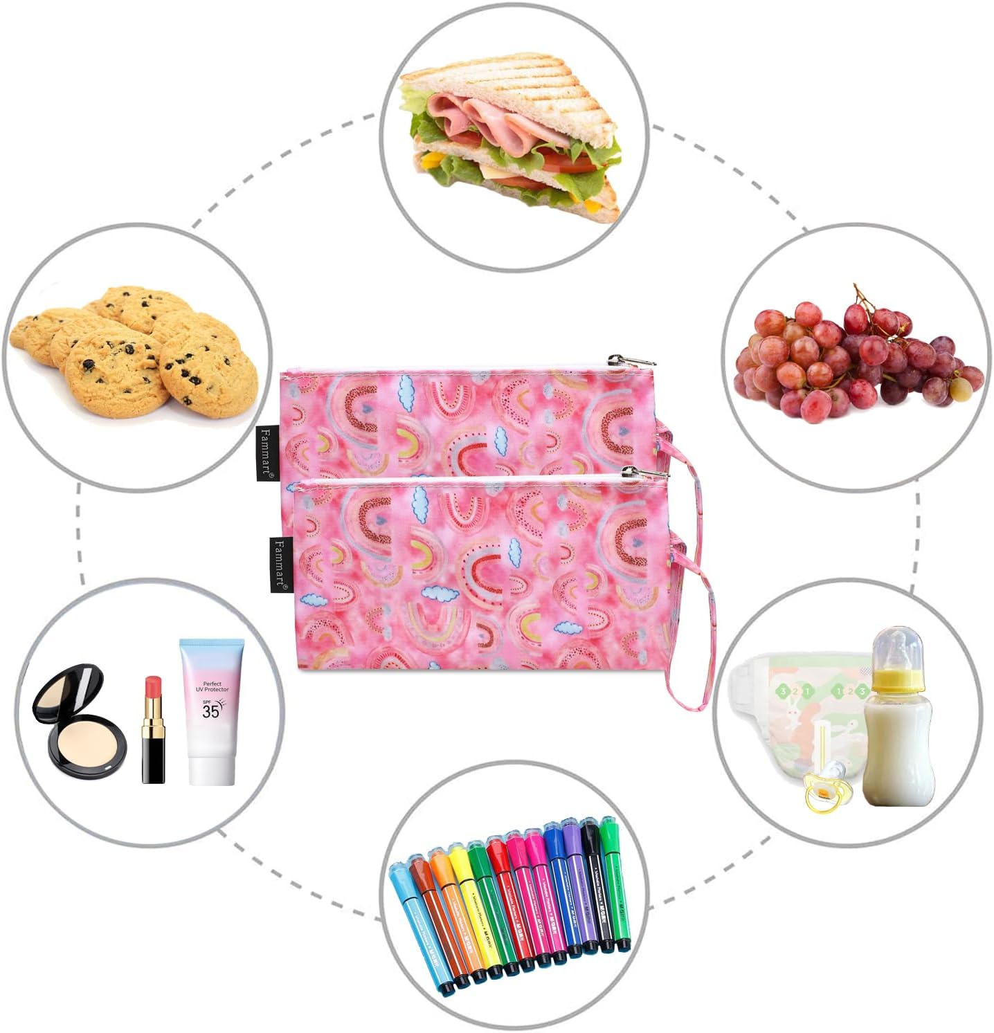 Reusable Sandwich Bag/Snack Bag for Kids & Adults, Dual Layer Lunch Bag with Handle, Washable, Food Safe, BPA Free (2-Pack, Rainbow Unicorn)