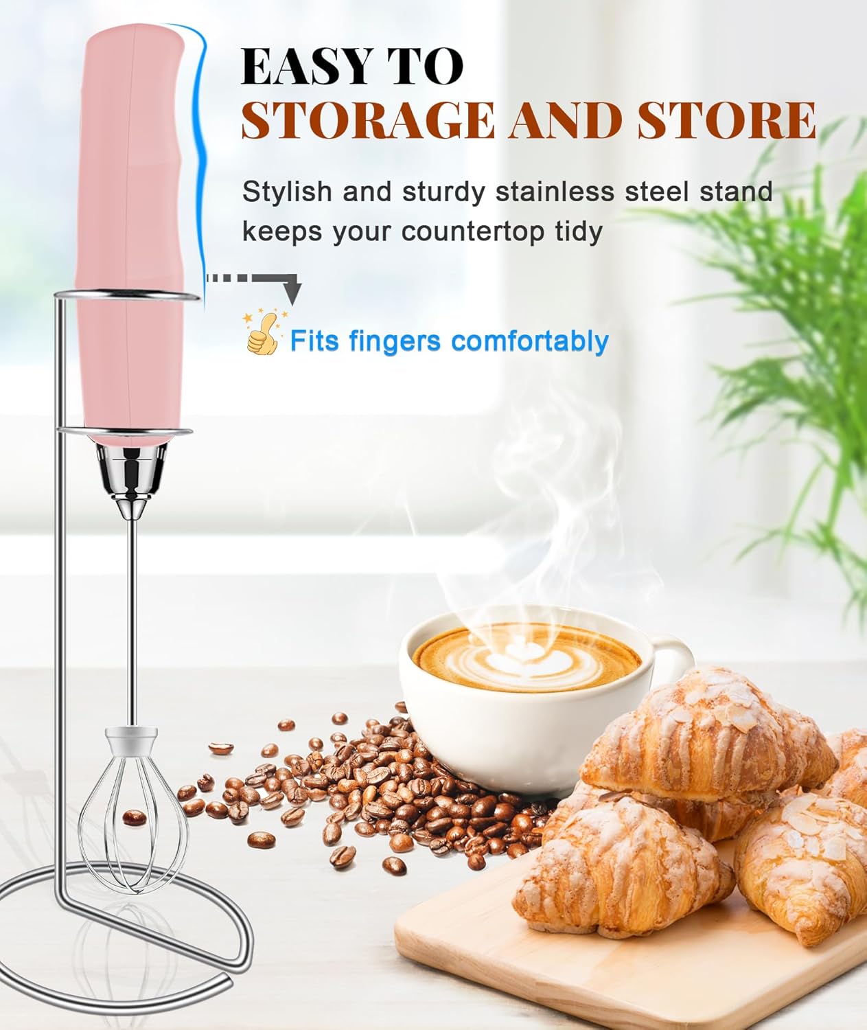 YUSWKO Milk Frother Handheld for Coffee with Stand, Rechargeable Drink Mixer with 3 Heads 3 Speeds Electric Coffee Frother Whisk, Gift for Many Occasions and Festival