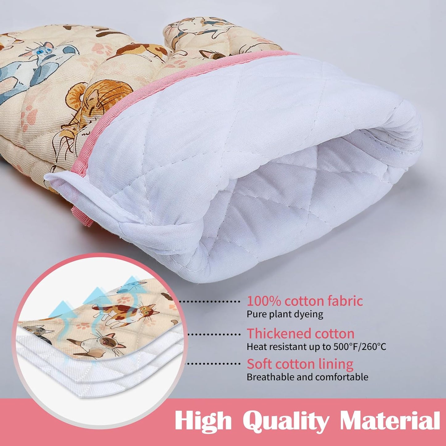 Cat Oven Mitts and Pot Holders Sets 100% Cotton Heat Resistant, Extra Long Oven Gloves Potholder for Kitchen Cooking Baking Housewarming