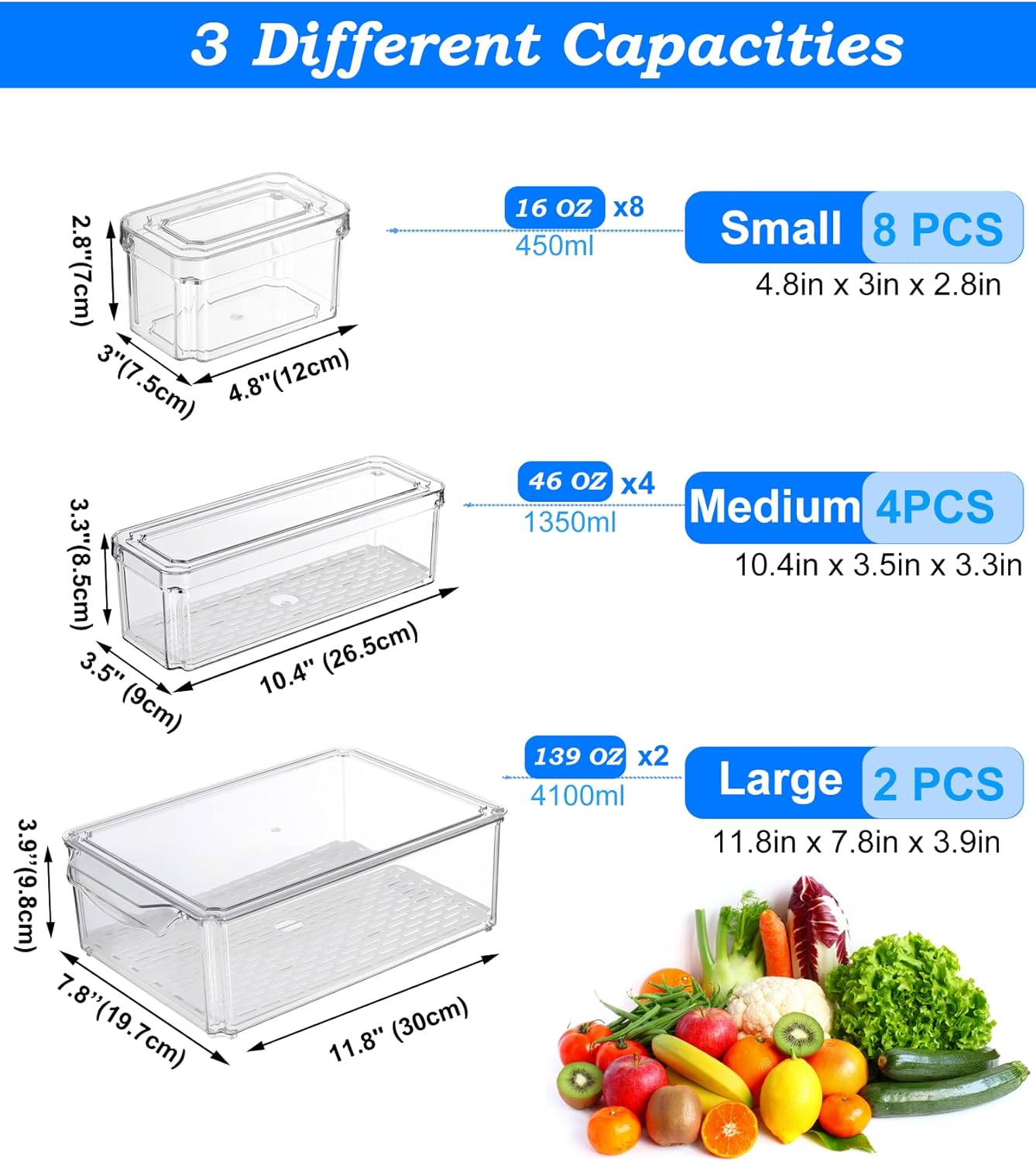 14 Pack Fridge Organizer, Stackable Refrigerator Organizer Bins with Lids, BPA-Free Produce Fruit Storage Containers for Storage Clear for Kitchen, Food, Drinks, Vegetable Storage