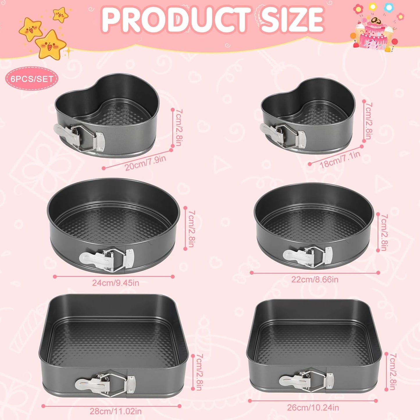 6Pcs Springform Cake Pan Set Of 7 7.8 8.6 9 10 11inch Moldes Para Pasteles Non-Stick Spring Pans Heart Cake Pan Round Nonstick Cheesecake Pans Square Spring Form Pan For Cheesecake Pizza Quiches